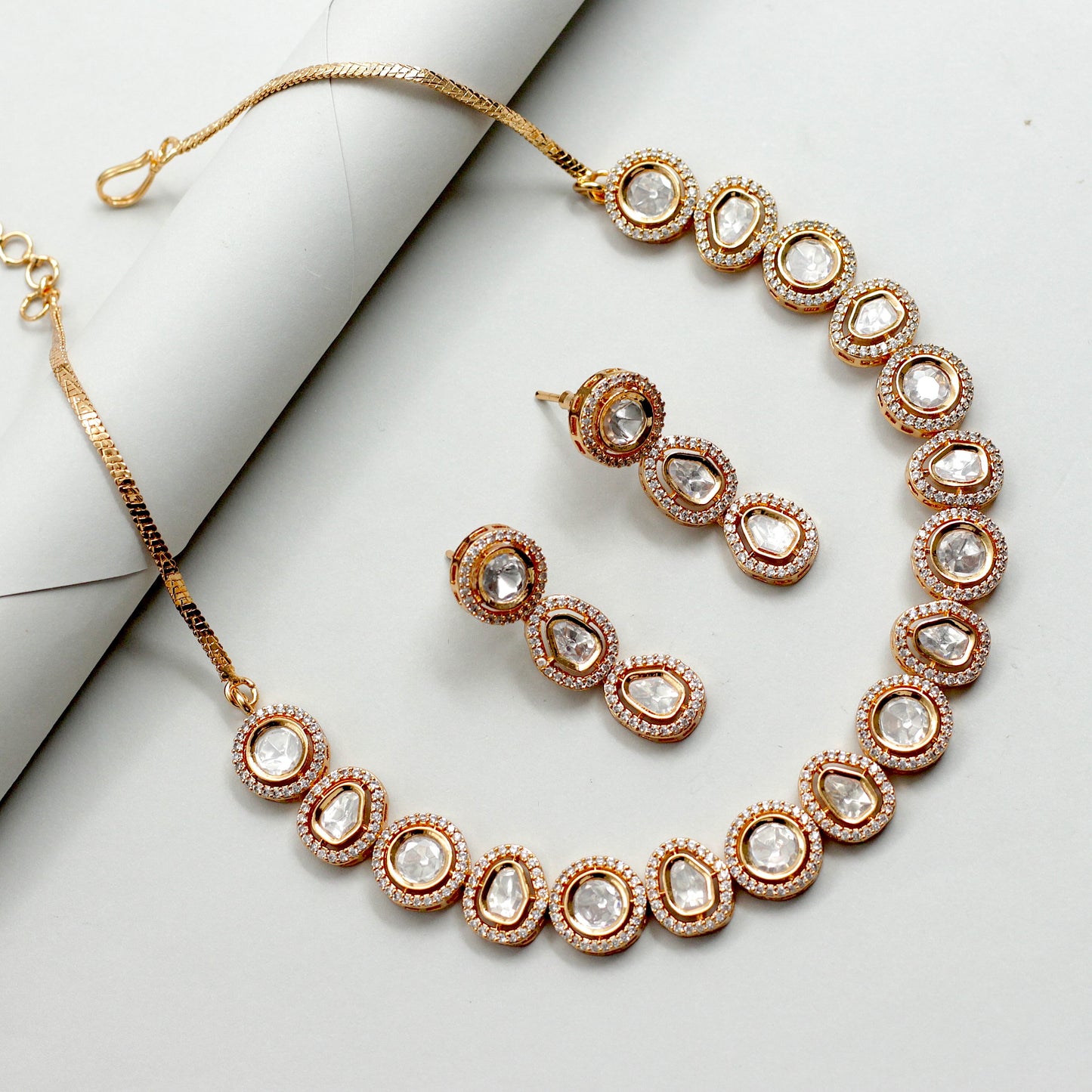 Premium Single Line Rose Gold Bridal Kundan Necklace Set