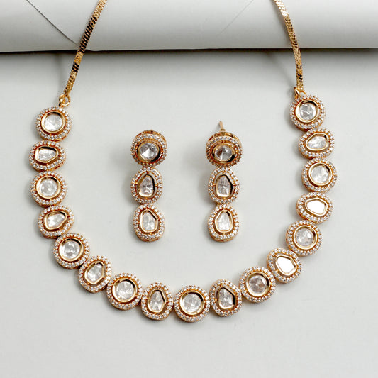 Premium Single Line Rose Gold Bridal Kundan Necklace Set