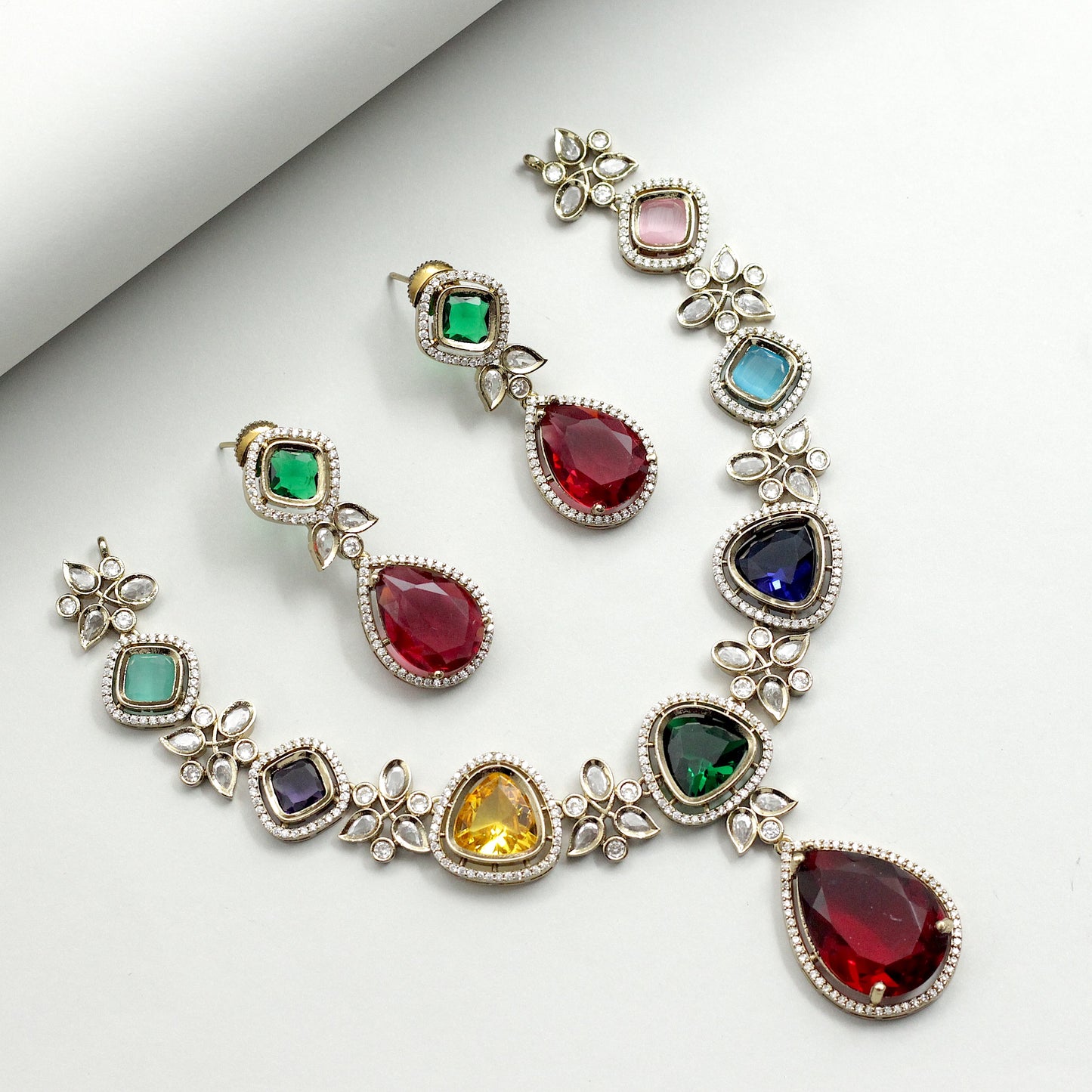 Premium Victorian Multi Colour Stone Bridal Necklace Set