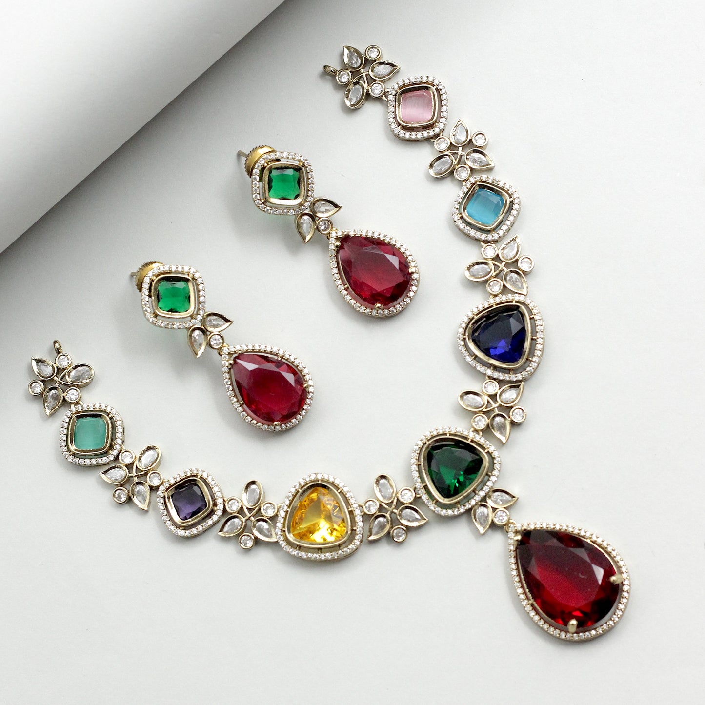 Premium Victorian Multi Colour Stone Bridal Necklace Set