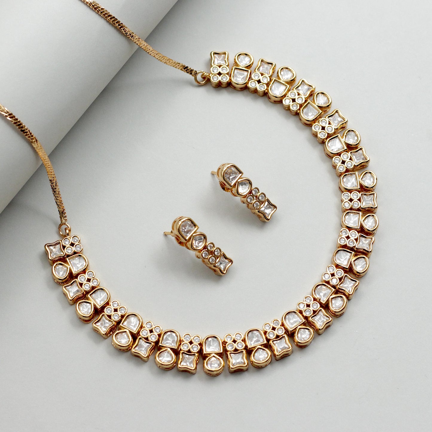 Premium Two Line Rose Gold Bridal Kundan Necklace Set