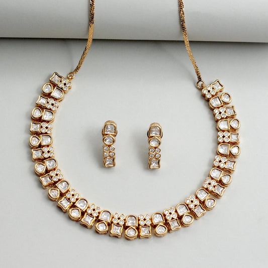 Premium Two Line Rose Gold Bridal Kundan Necklace Set
