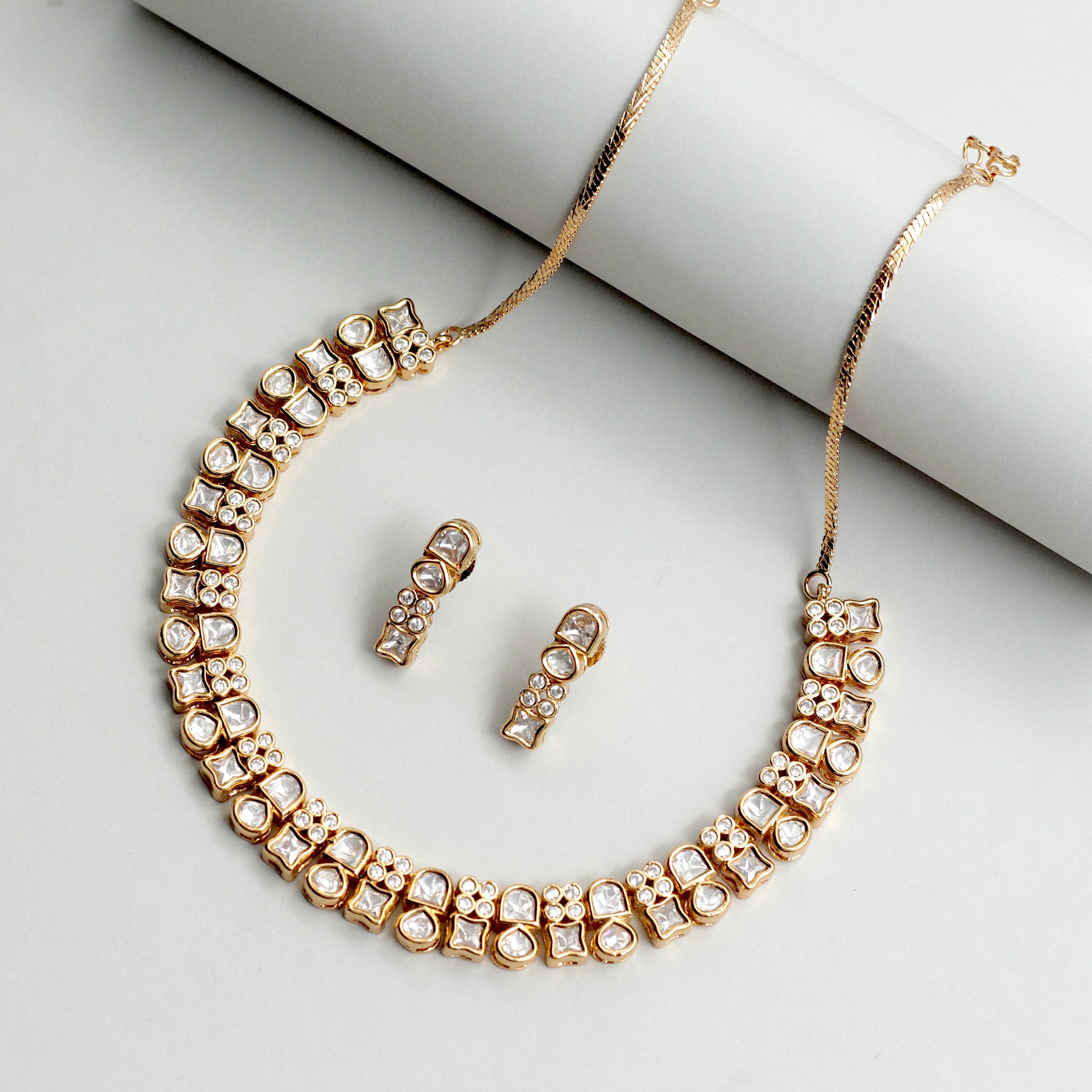 Premium Two Line Rose Gold Bridal Kundan Necklace Set