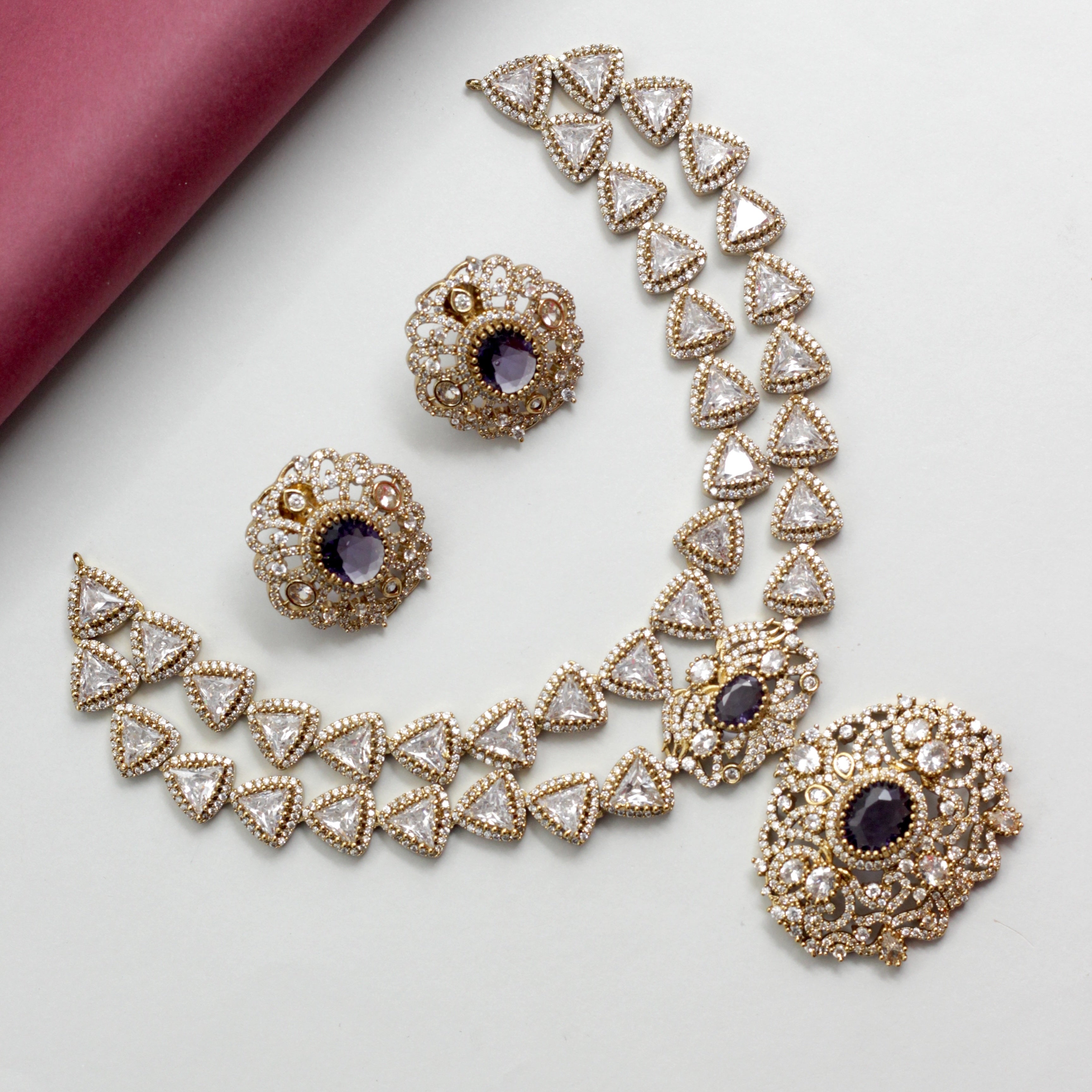 Two Line Victorian Diamond Look Bridal Necklace Set