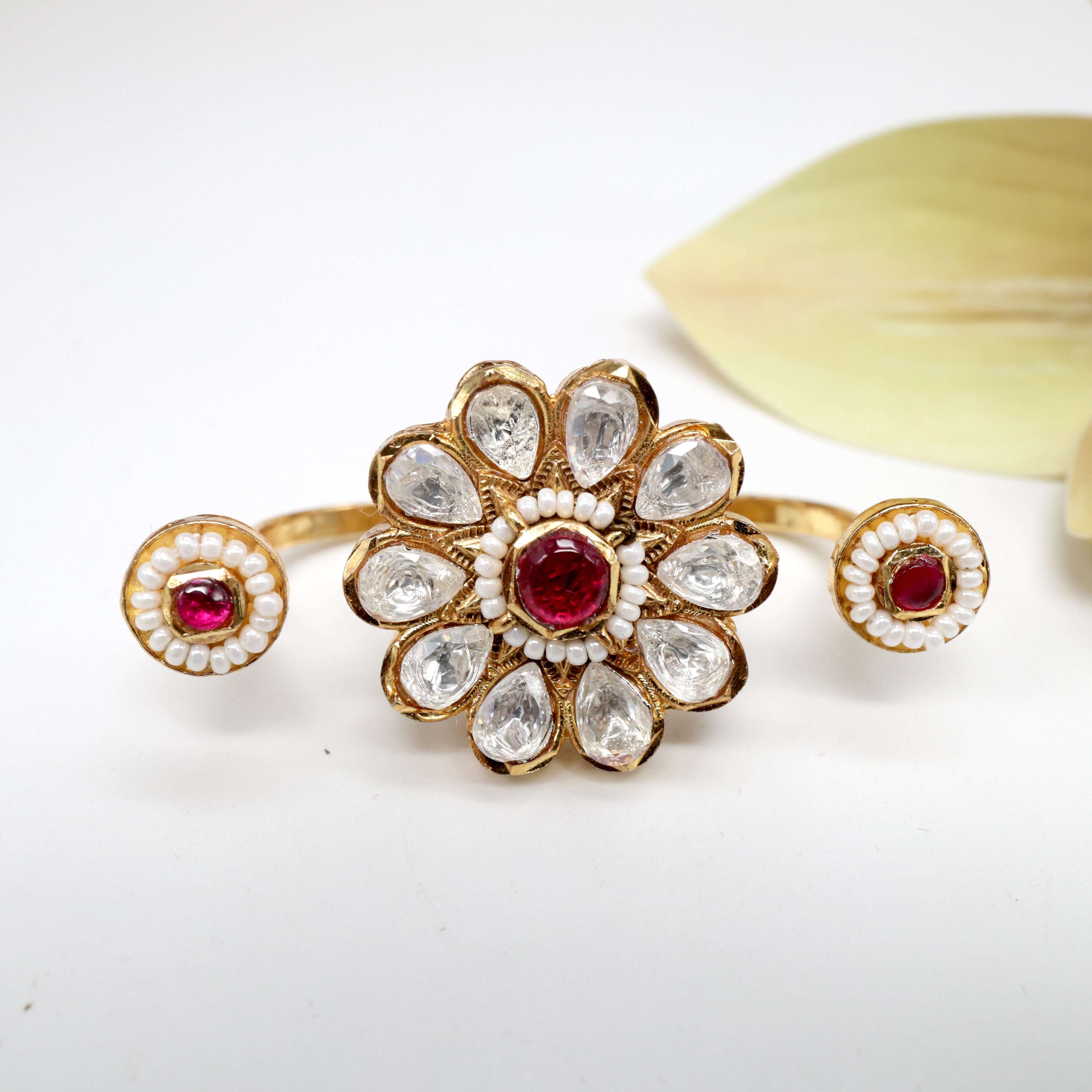 Premium Gold Look Moissanite Kundan Double Flower Ring - White & Red