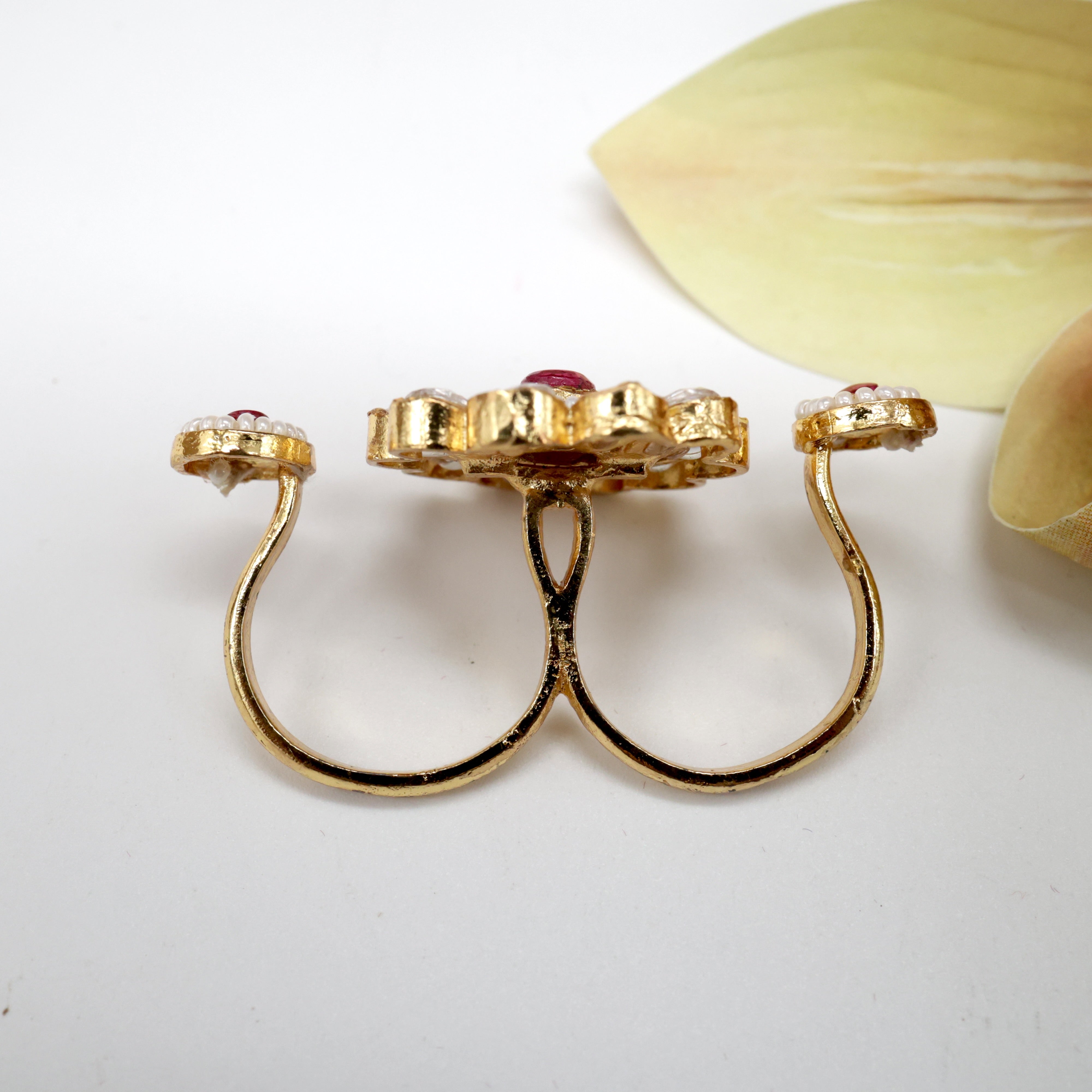 Premium Gold Look Moissanite Kundan Double Flower Ring - White & Red