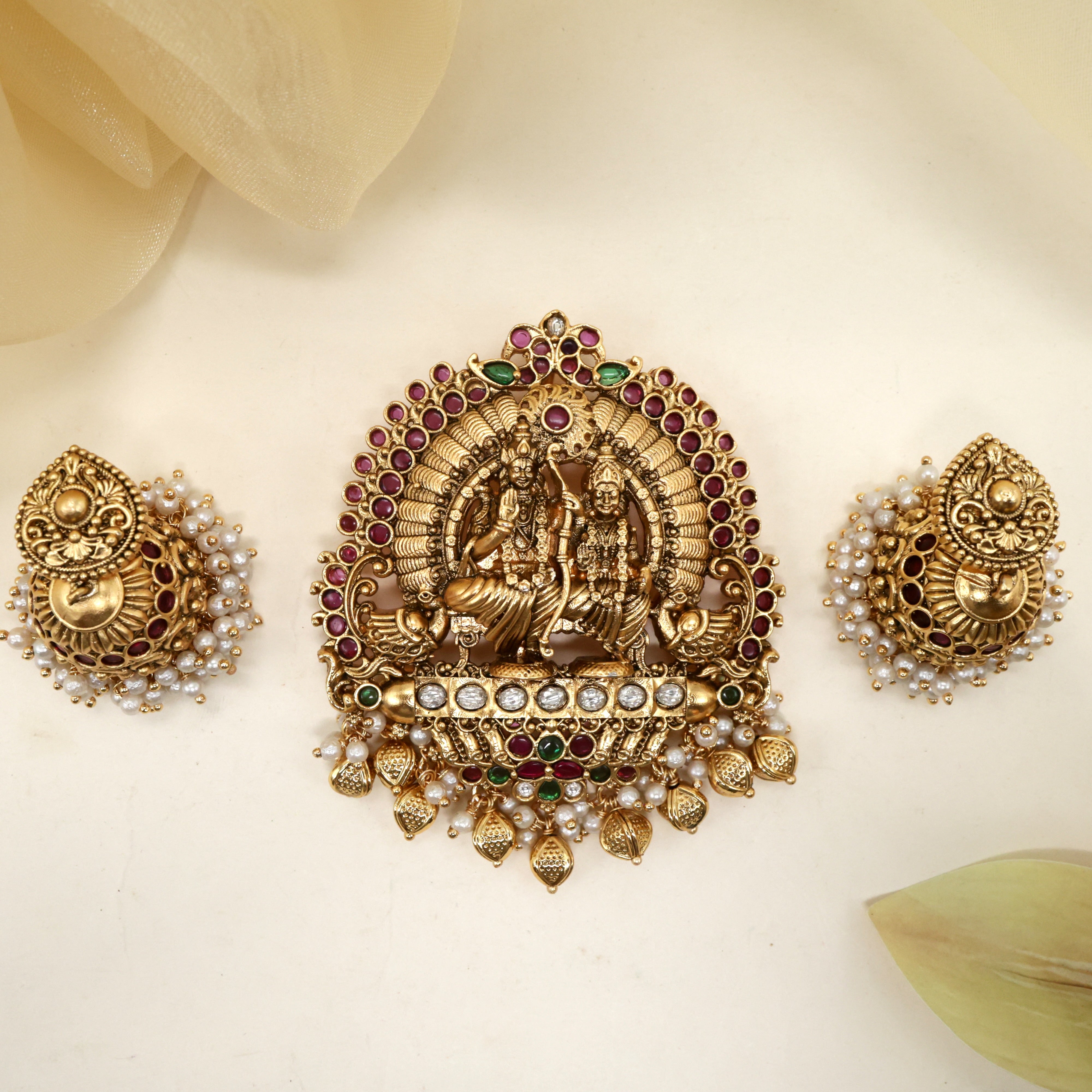 Antique Nagas Ram Sita Kundan Kemp Divine Multi Style Pendant Set