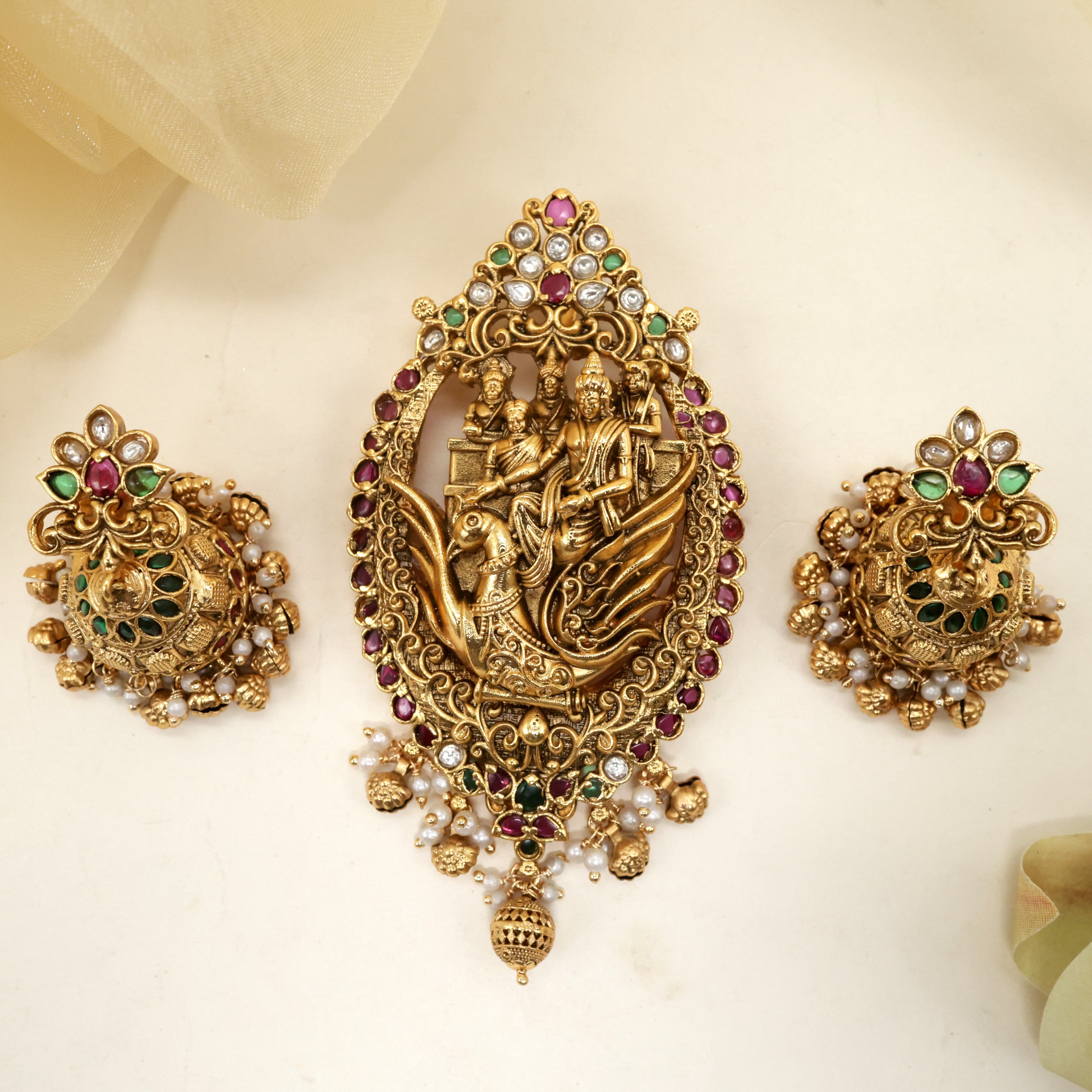Antique Nagas Ram Sita Lakshmana On Jatayu Divine Detachable Multi Style Pendant Set