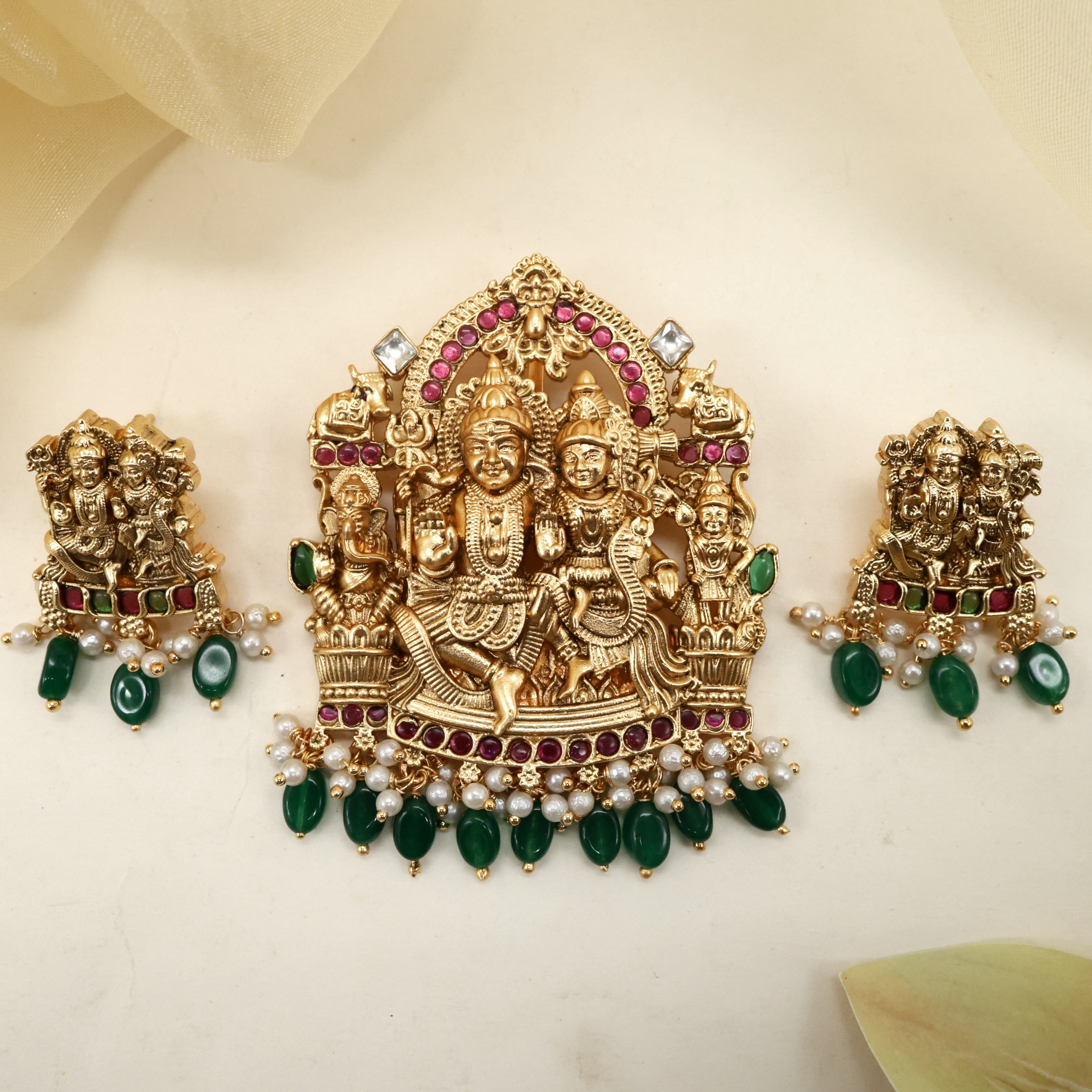 Premium Antique Nagas Divine Lord Shiva Family Pendant Set