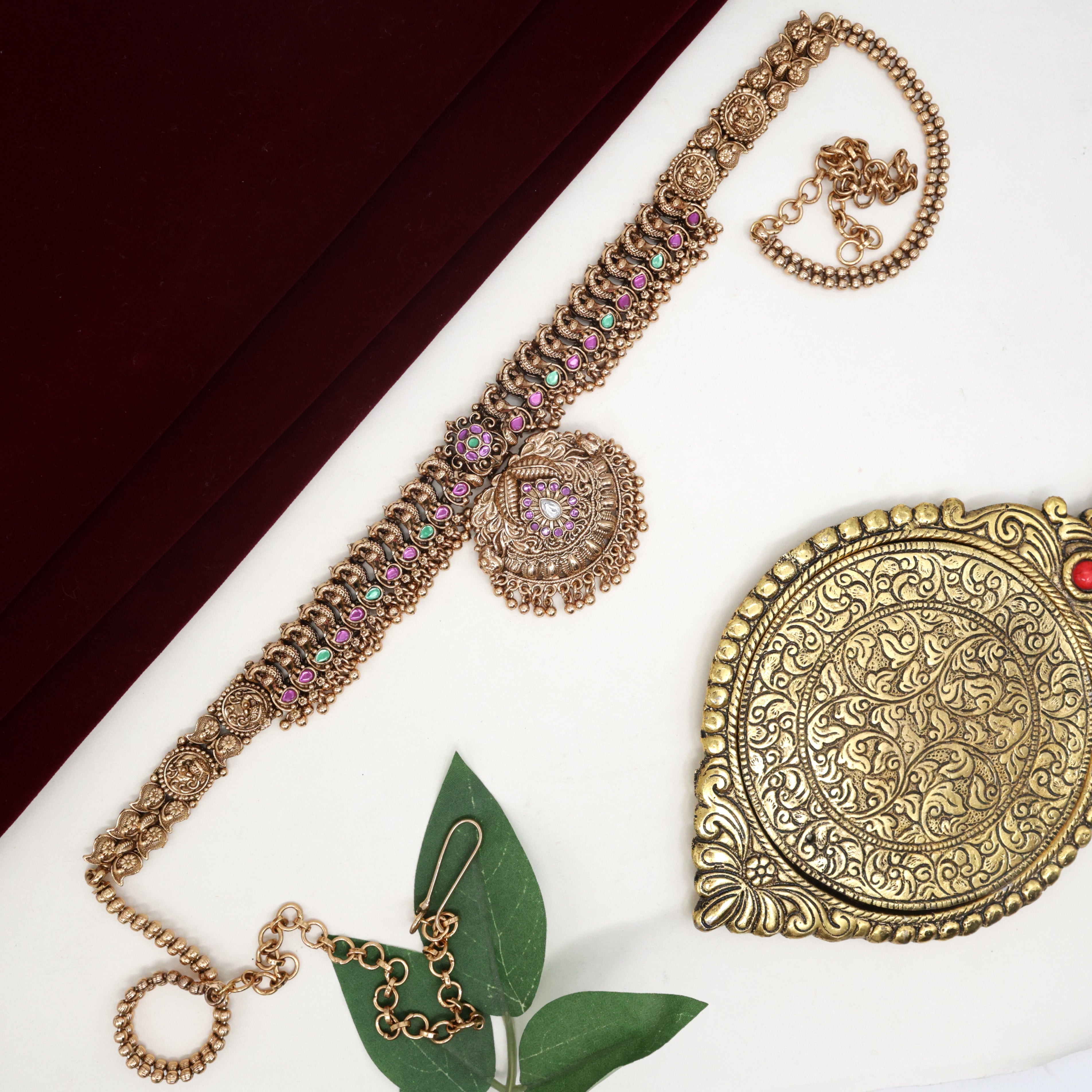 ANTIQUE GOLD KEMP PAISLEY PEACOCK BRIDAL HIP CHAIN