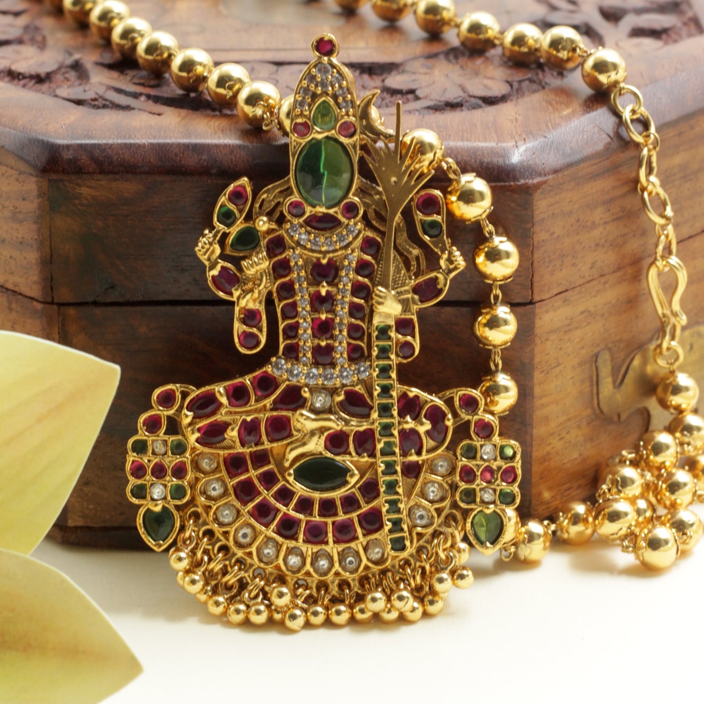 Detachable Premium Kemp Kundan Goddess Kamakshi Pendant Divine Traditional Balls Chain Necklace