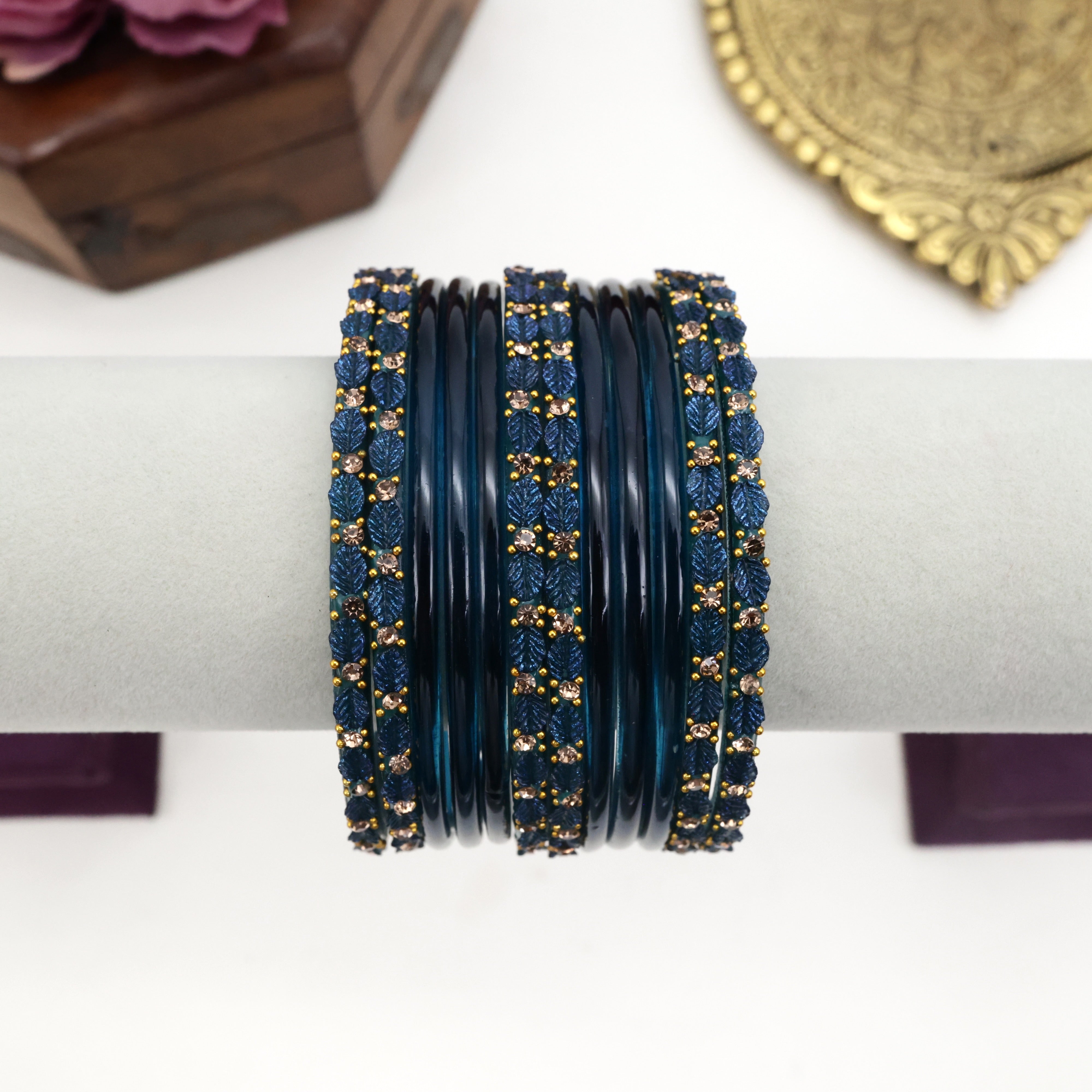 LEAF CUT PLAIN BANGLES ONE DOZEN COMBO - Peacock Blue - 2.6