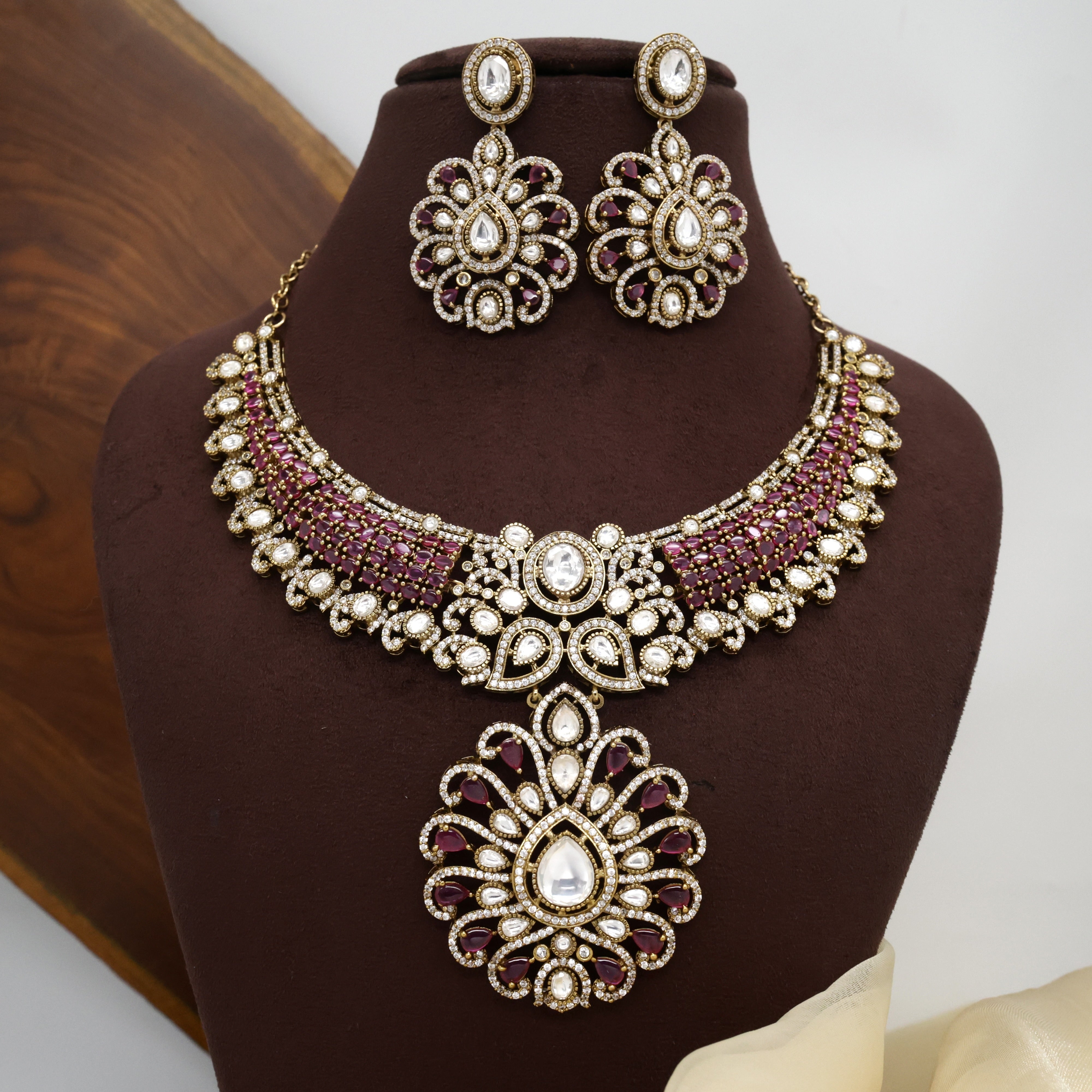 Diamond Look AD Kundan Tilak Flower Heavy Bridal Necklace Set