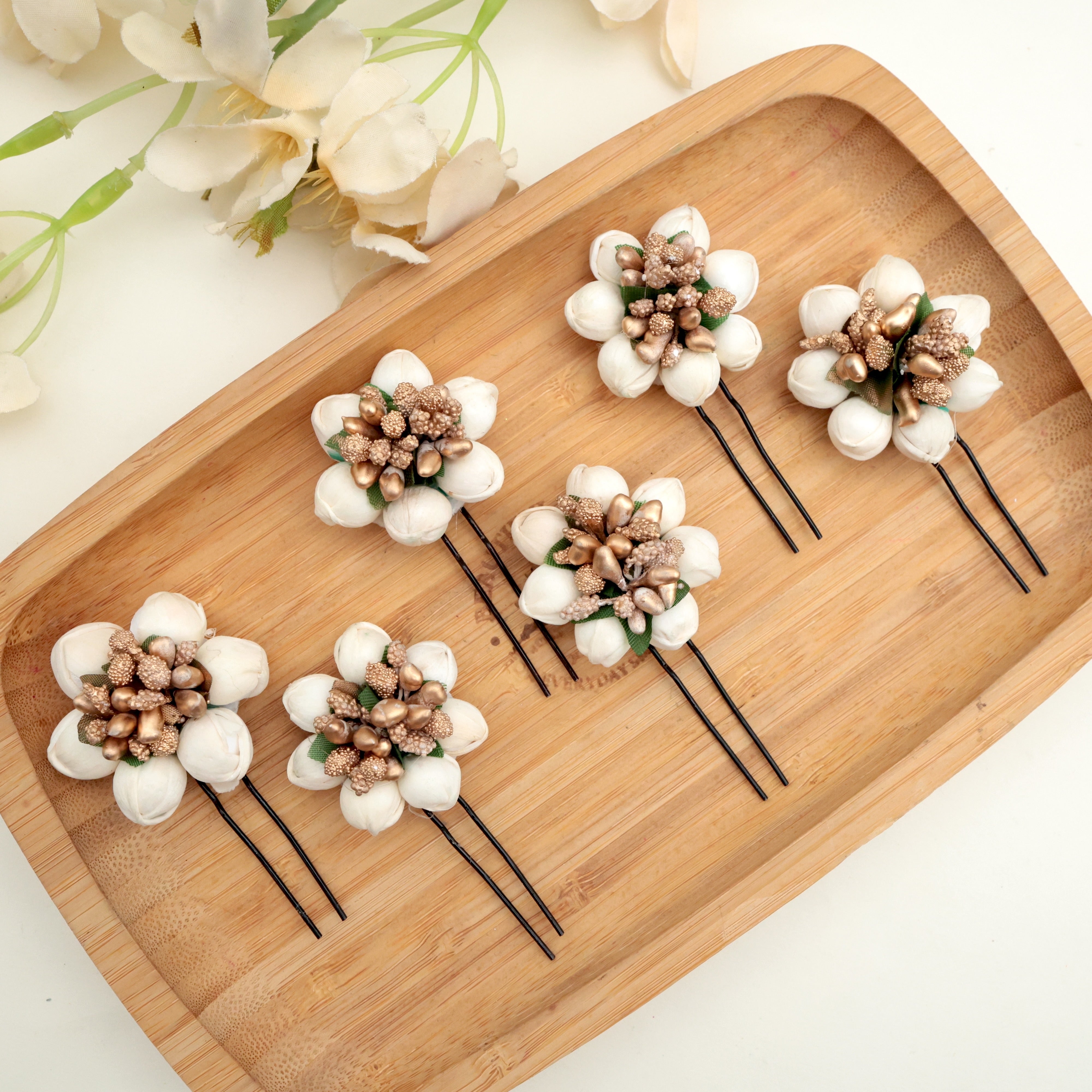 Pack of 6 Handmade Jasmine Pollen Small Hair Flower U Pins
