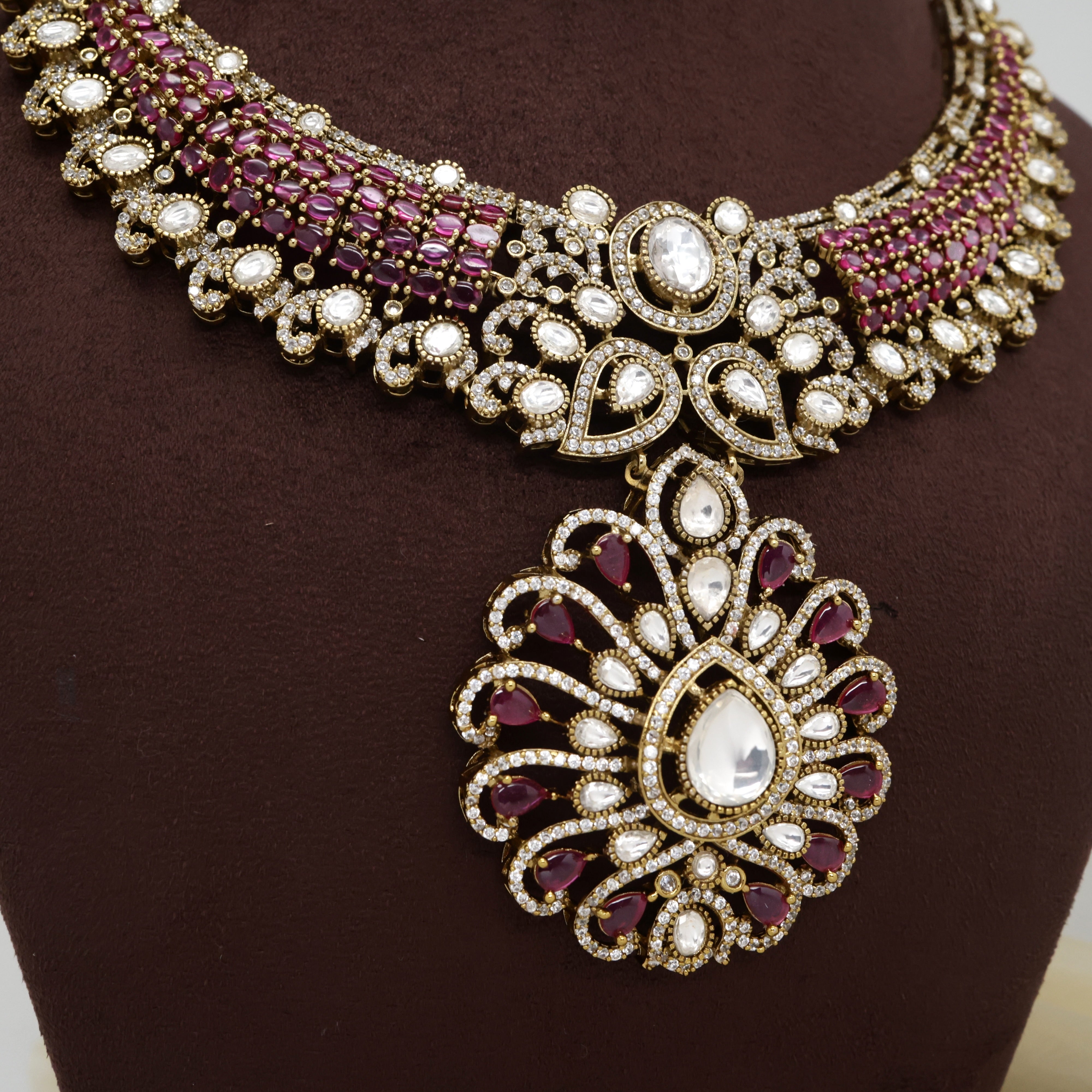 Diamond Look AD Kundan Tilak Flower Heavy Bridal Necklace Set