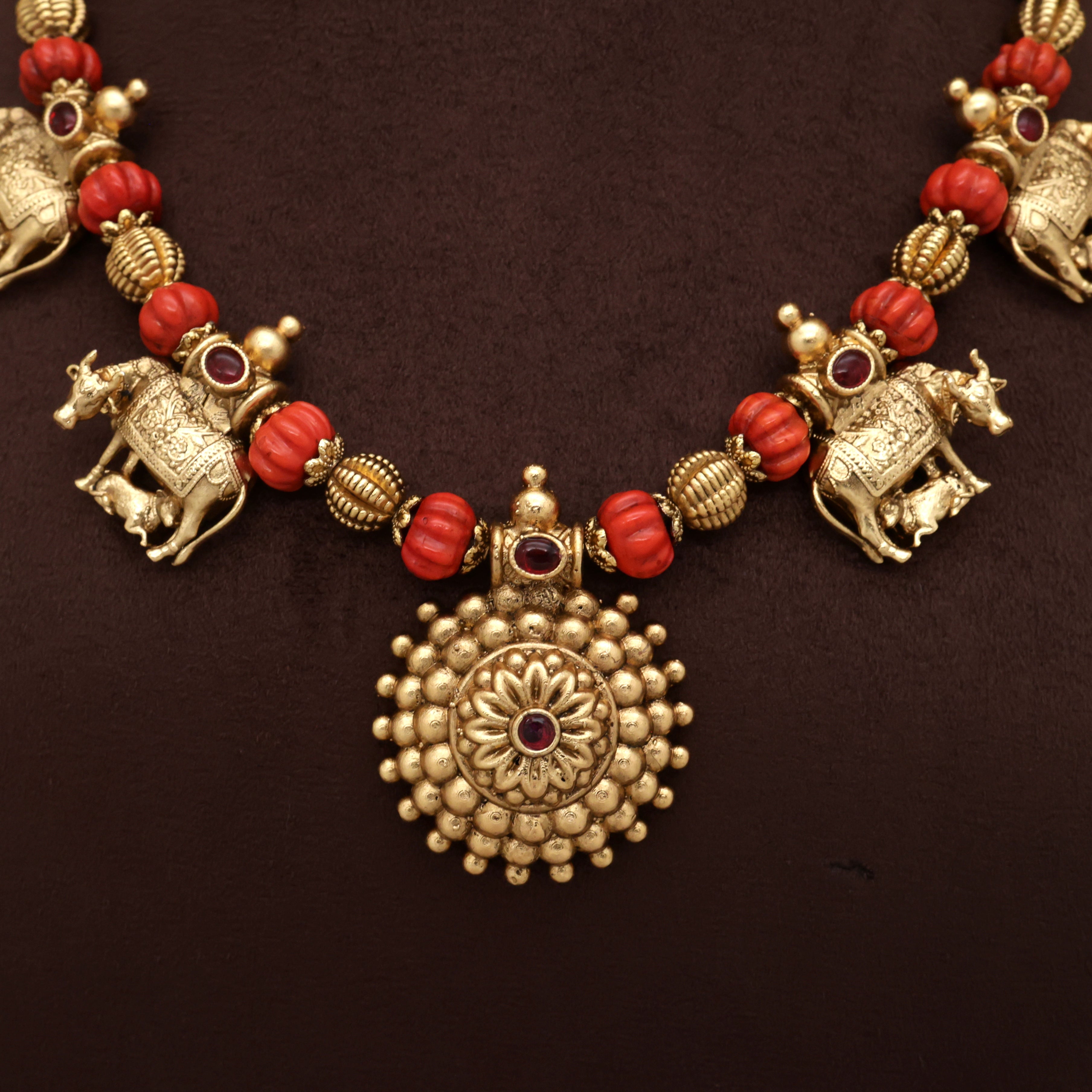 Gold Look Cow & Calf Maharashtrian Style Thushi Necklace Set