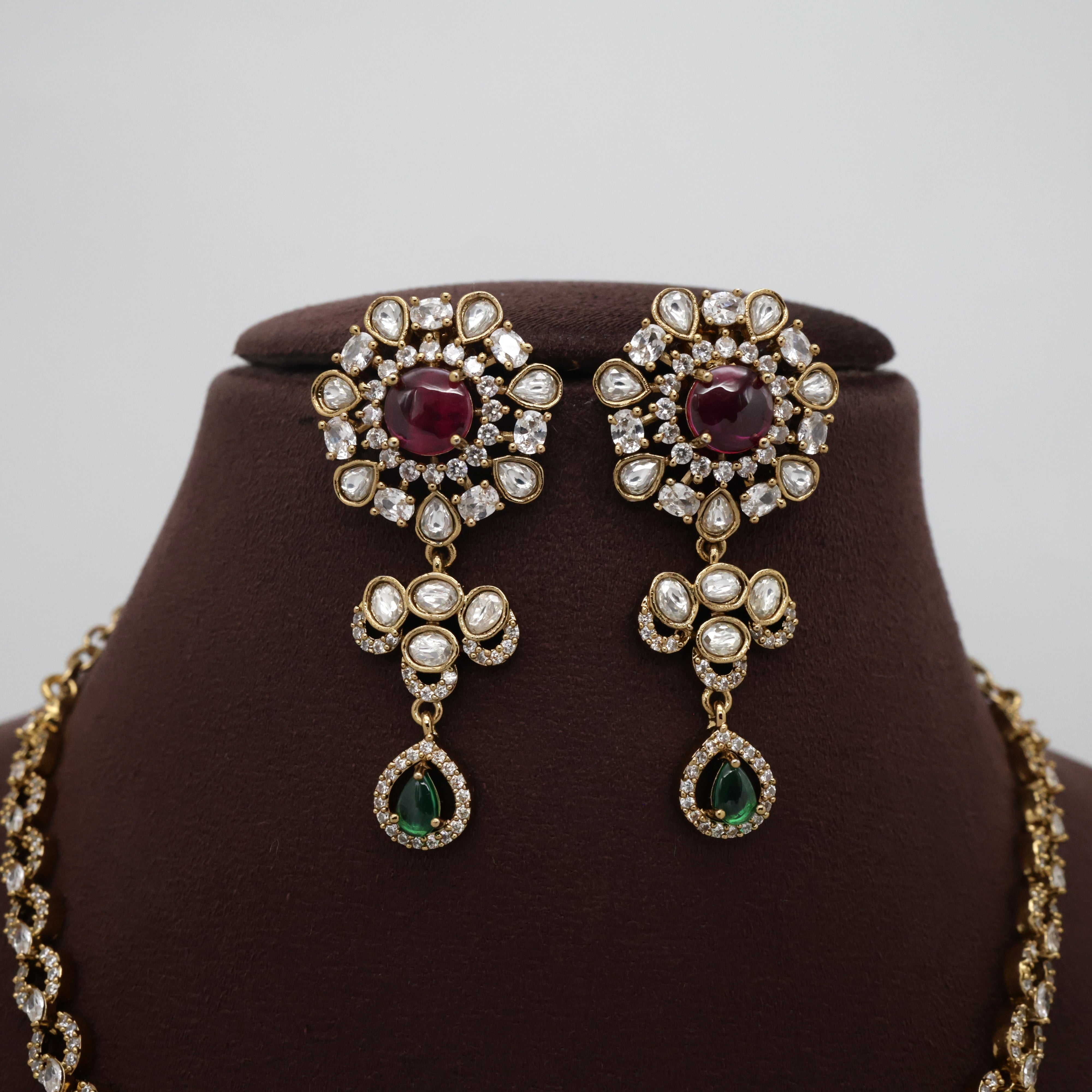 Victorian Navarathna Stones Round Flower Necklace Set