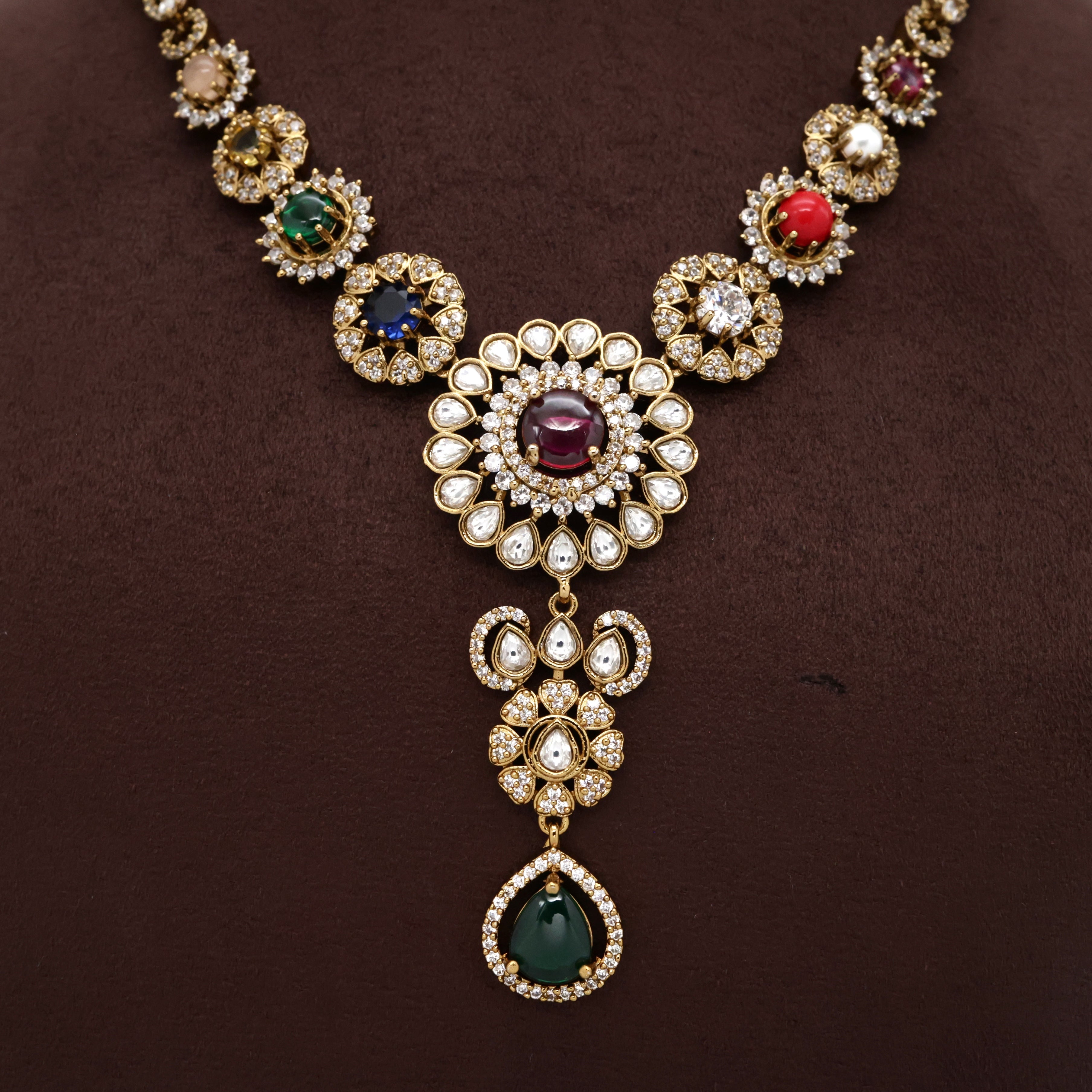 Victorian Navarathna Stones Round Flower Necklace Set