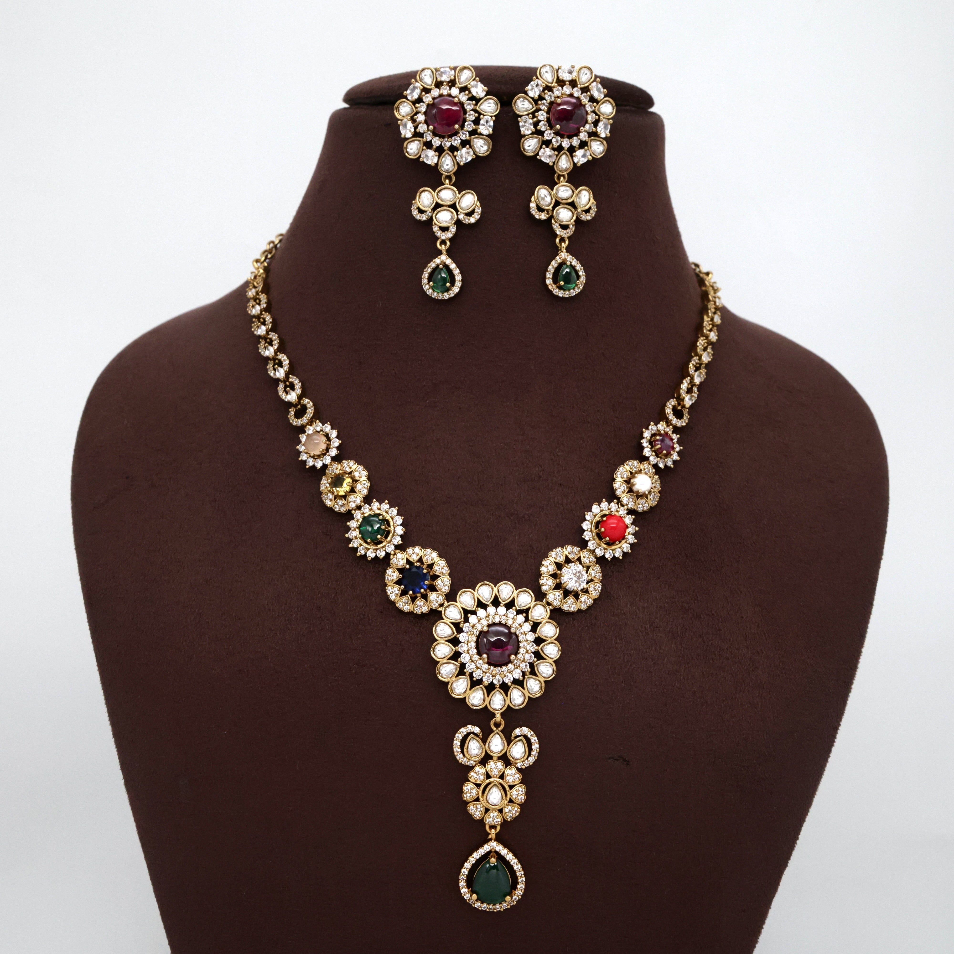 Victorian Navarathna Stones Round Flower Necklace Set