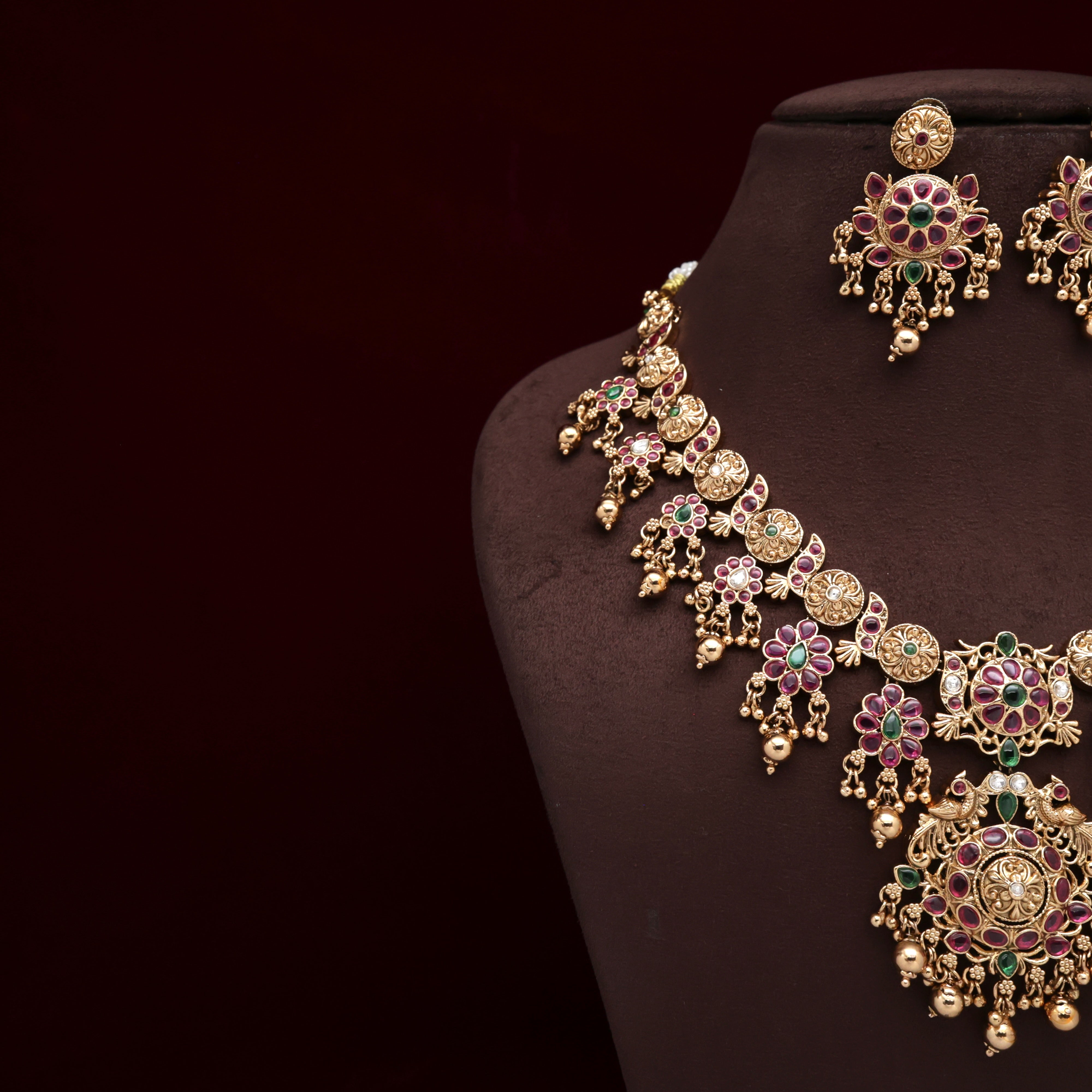 ANTIQUE NAGAS TRADITIONAL FLORAL DESIGN BRIDAL KEMP NECKLACE SET