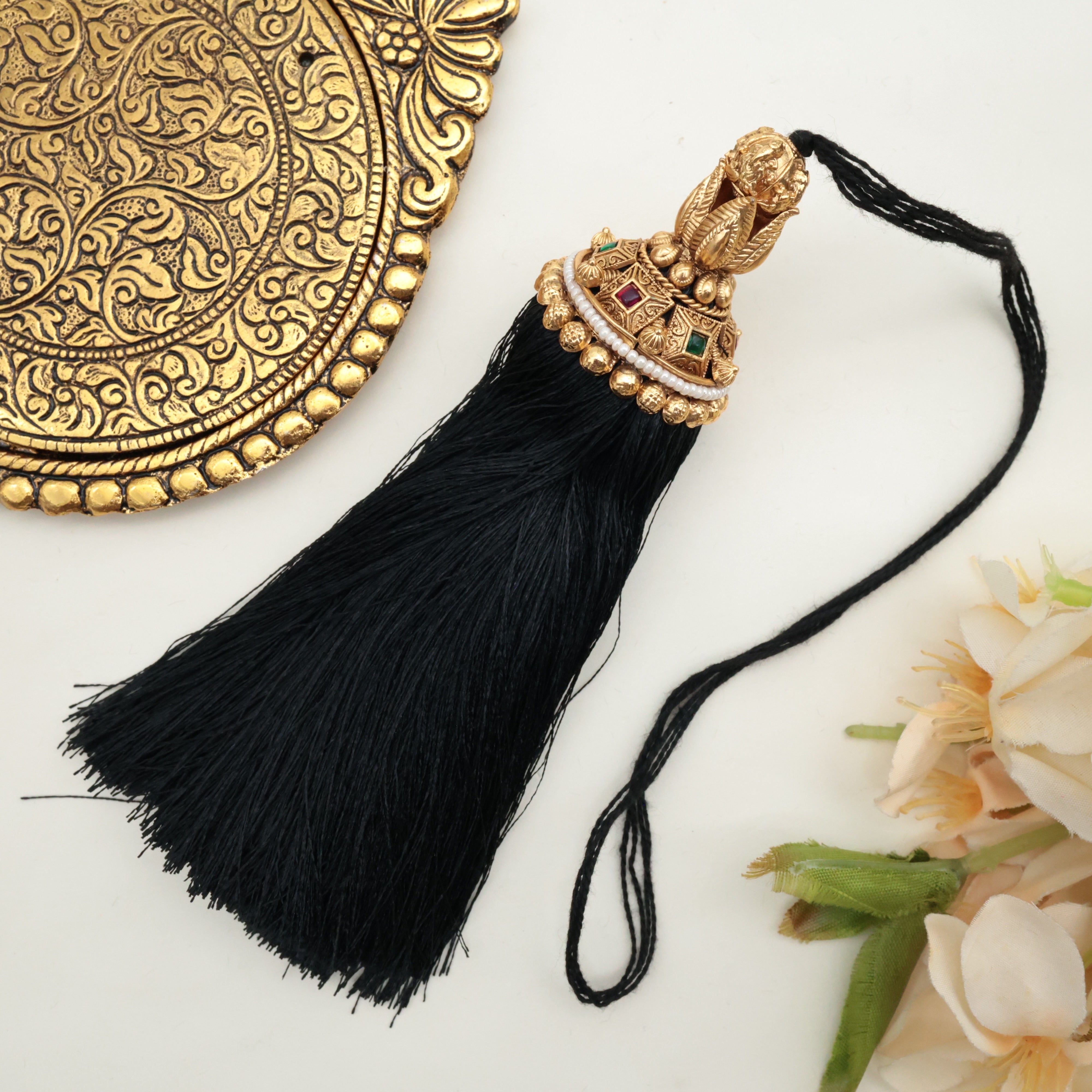 Premium South Indian Square Stones Ganesha Peal Line Bridal Jada Kunjalam / Jada Koppulu Hair Accessory