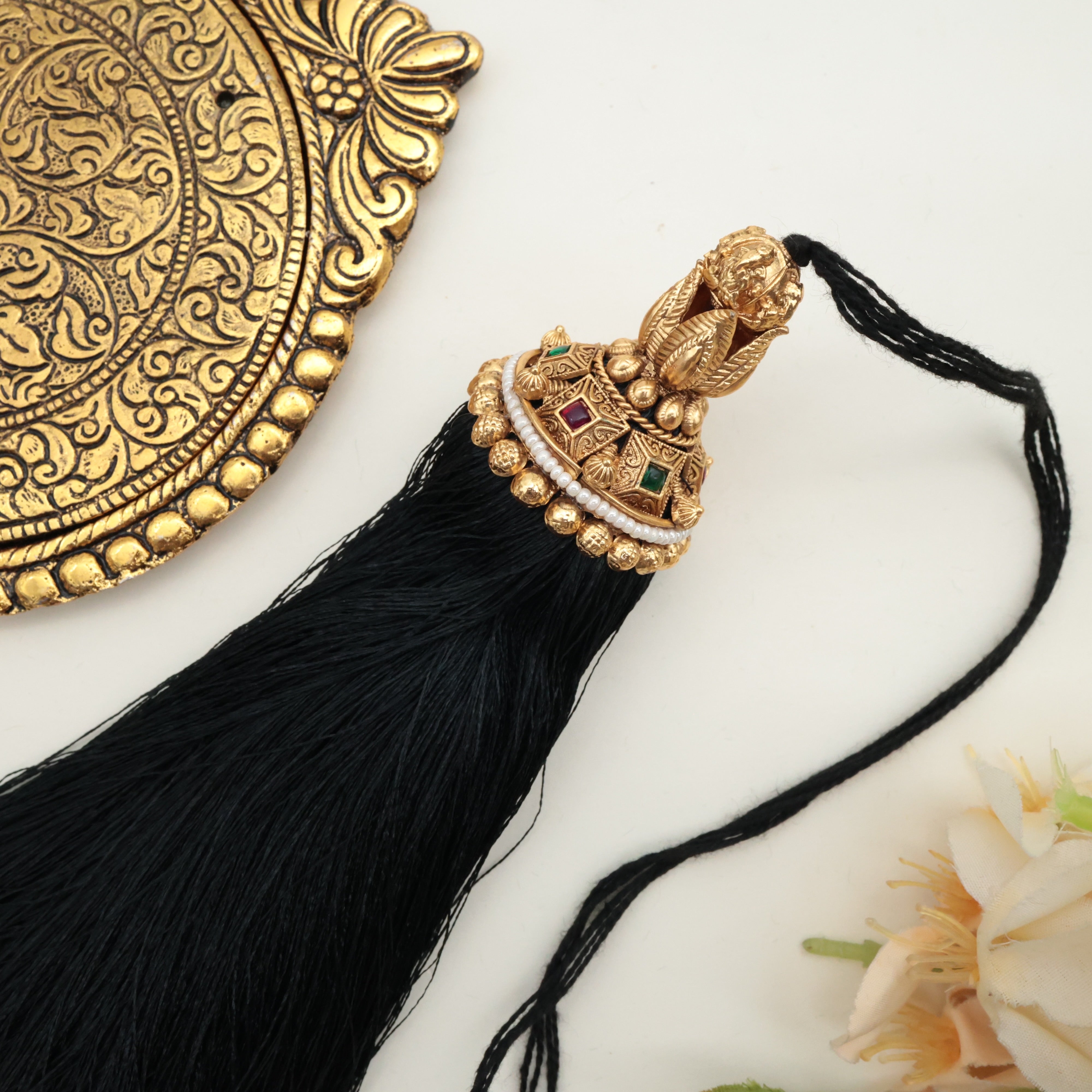 Premium South Indian Square Stones Ganesha Peal Line Bridal Jada Kunjalam / Jada Koppulu Hair Accessory