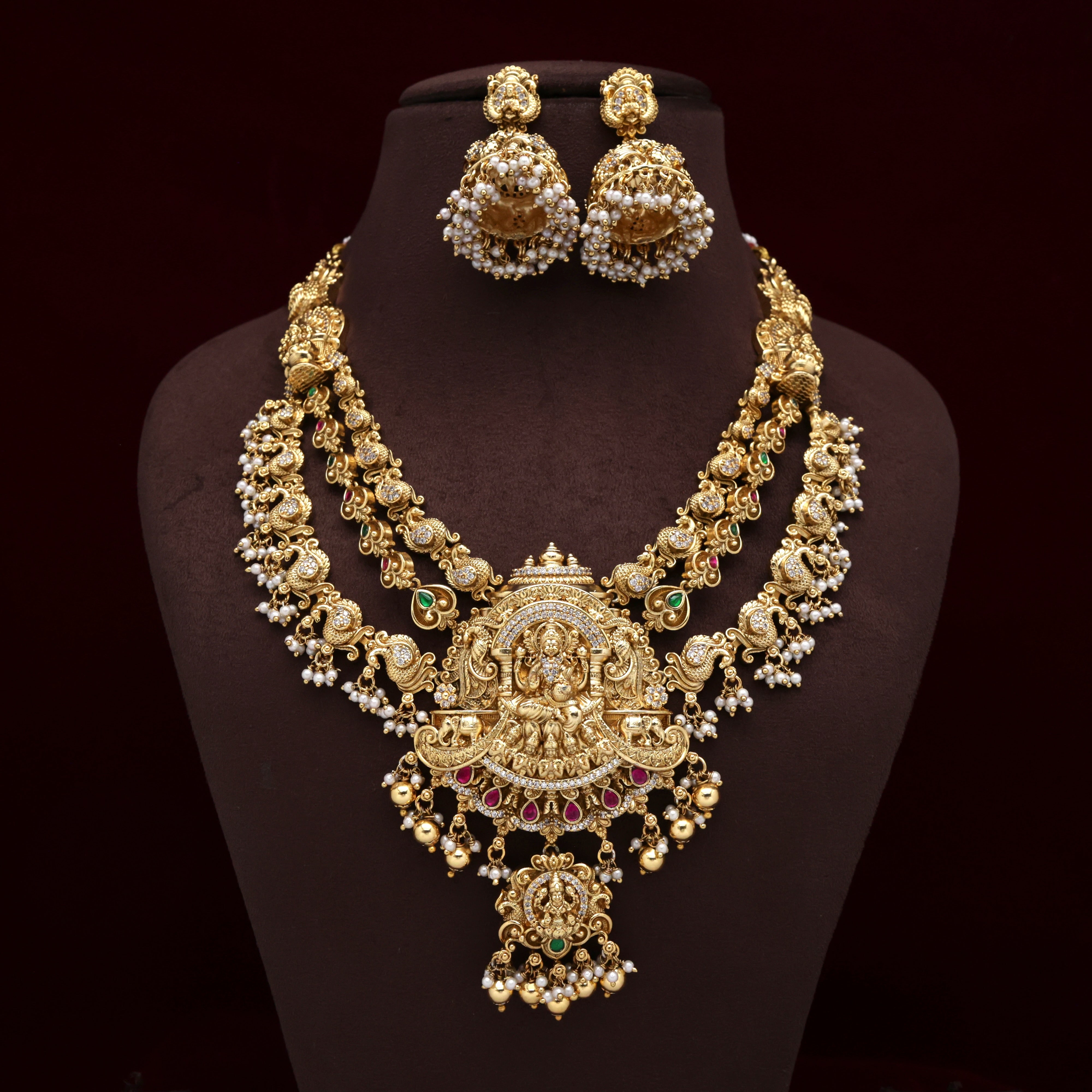 Antique Nagas Gold Look 3 Line Mahalakshmi Devi Annam Bridal Necklace Set