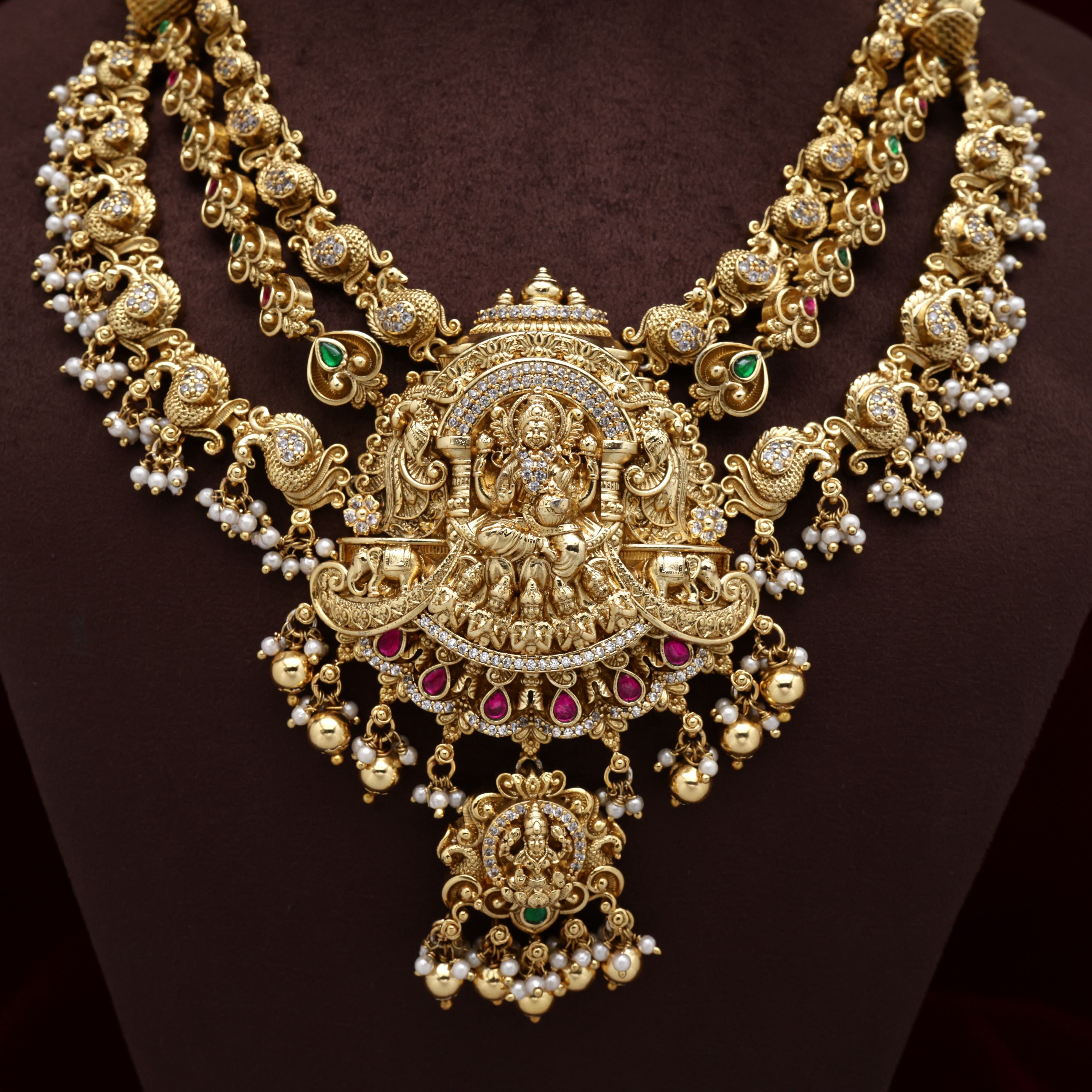 Antique Nagas Gold Look 3 Line Mahalakshmi Devi Annam Bridal Necklace Set