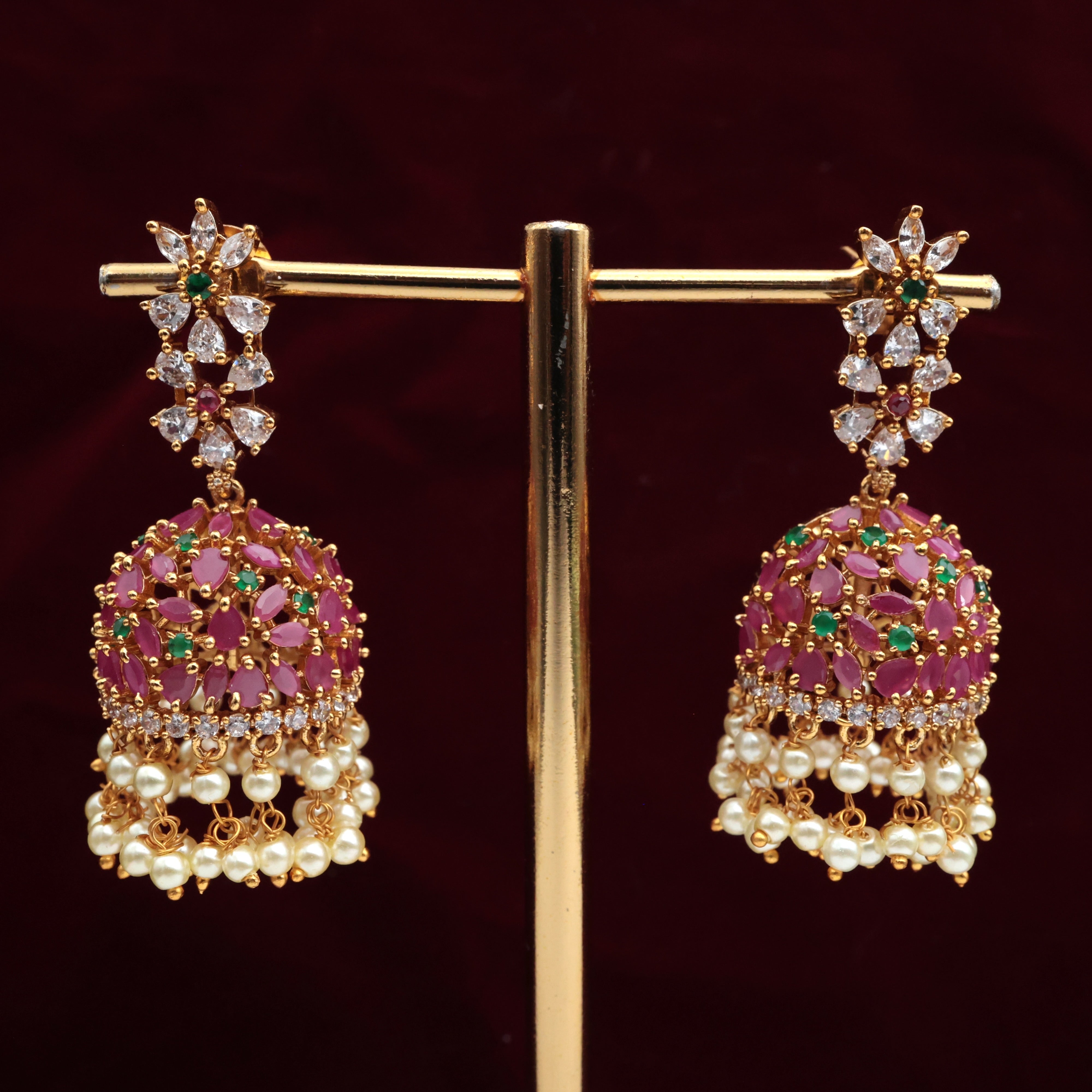 AD Flowers Drop Bridal Jhumkas - Ruby & Green