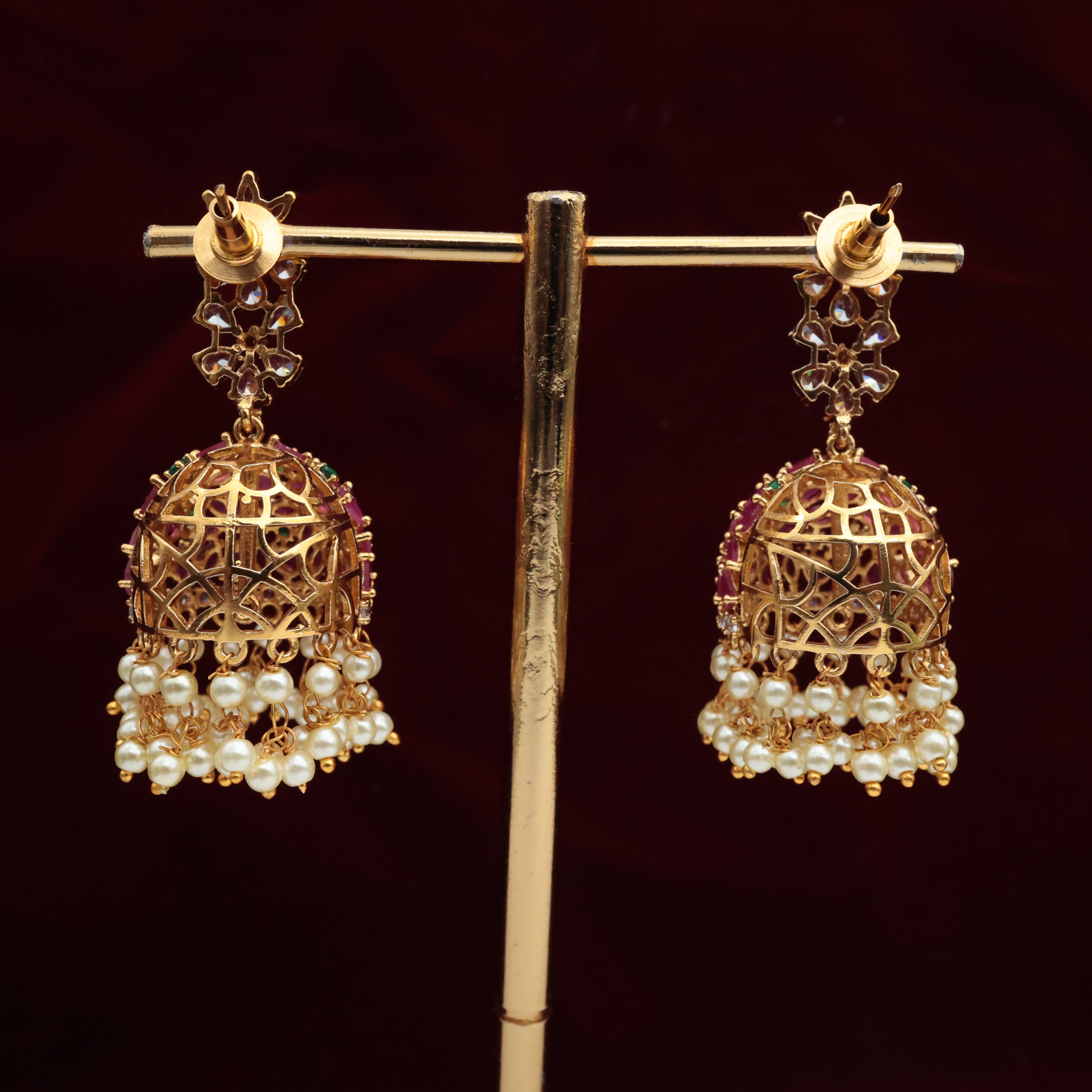 AD Flowers Drop Bridal Jhumkas - Ruby & Green