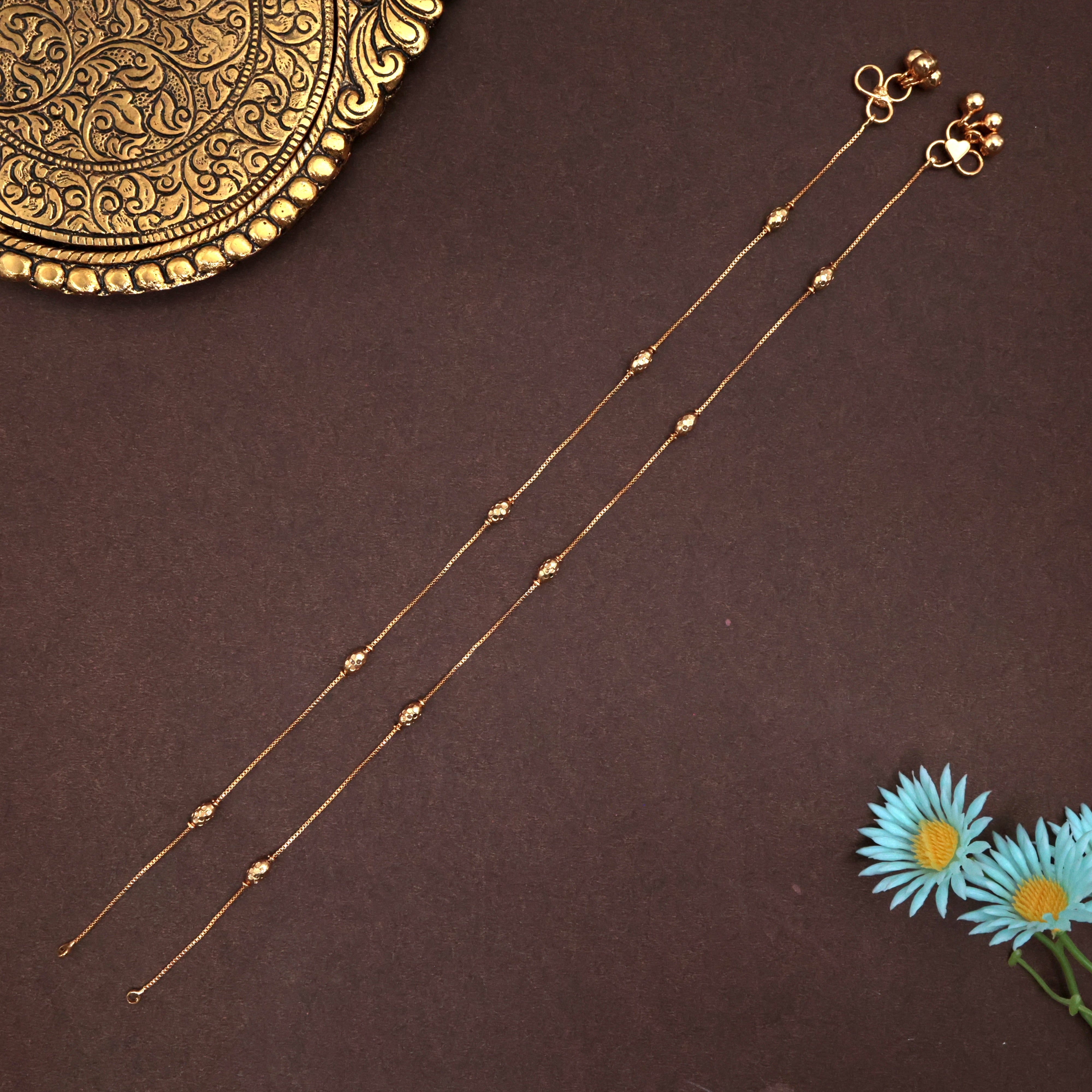 Real Gold Look Micro Gold Polished Oval Ball Anklets For Women - 10.5 inches