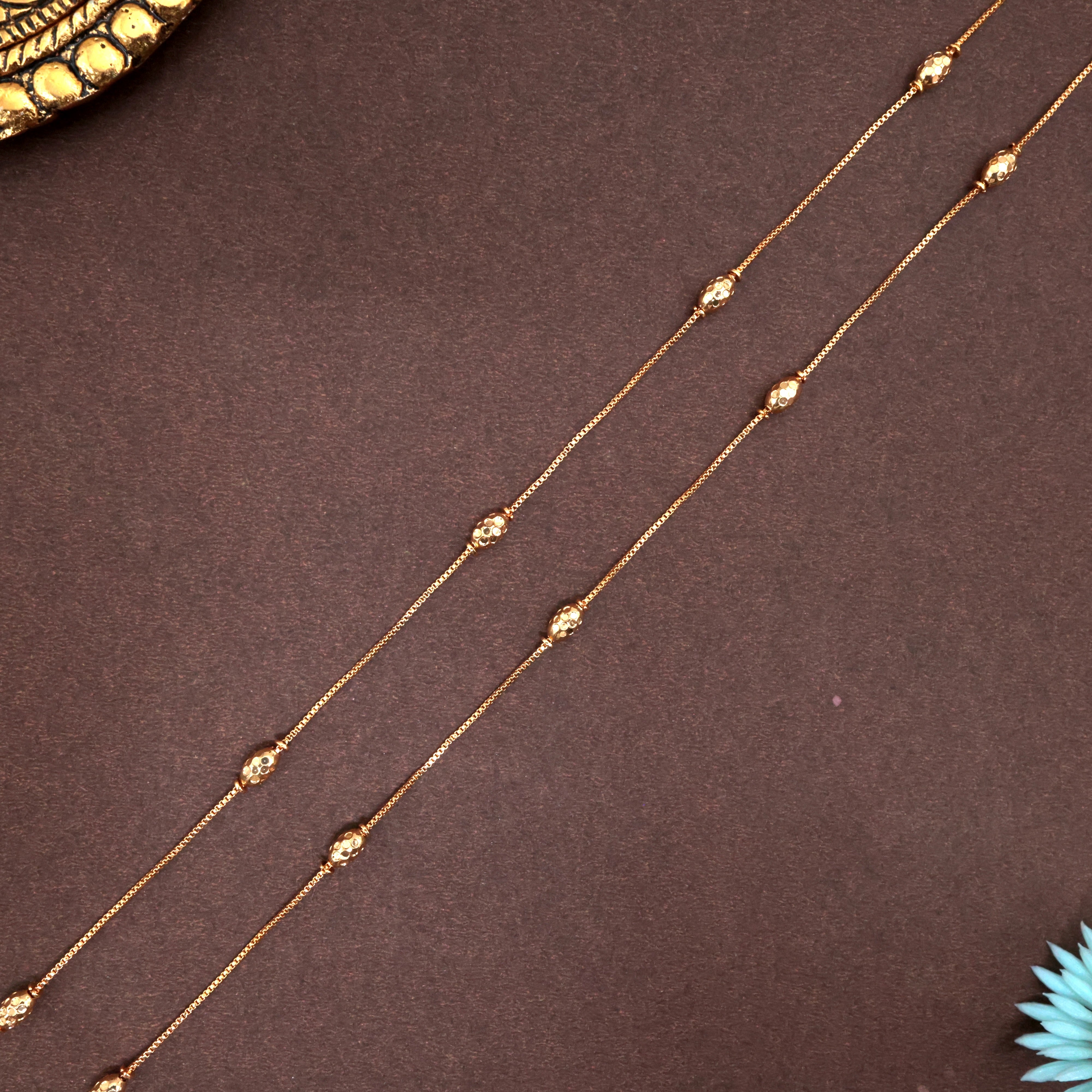 Real Gold Look Micro Gold Polished Oval Ball Anklets For Women - 10.5 inches