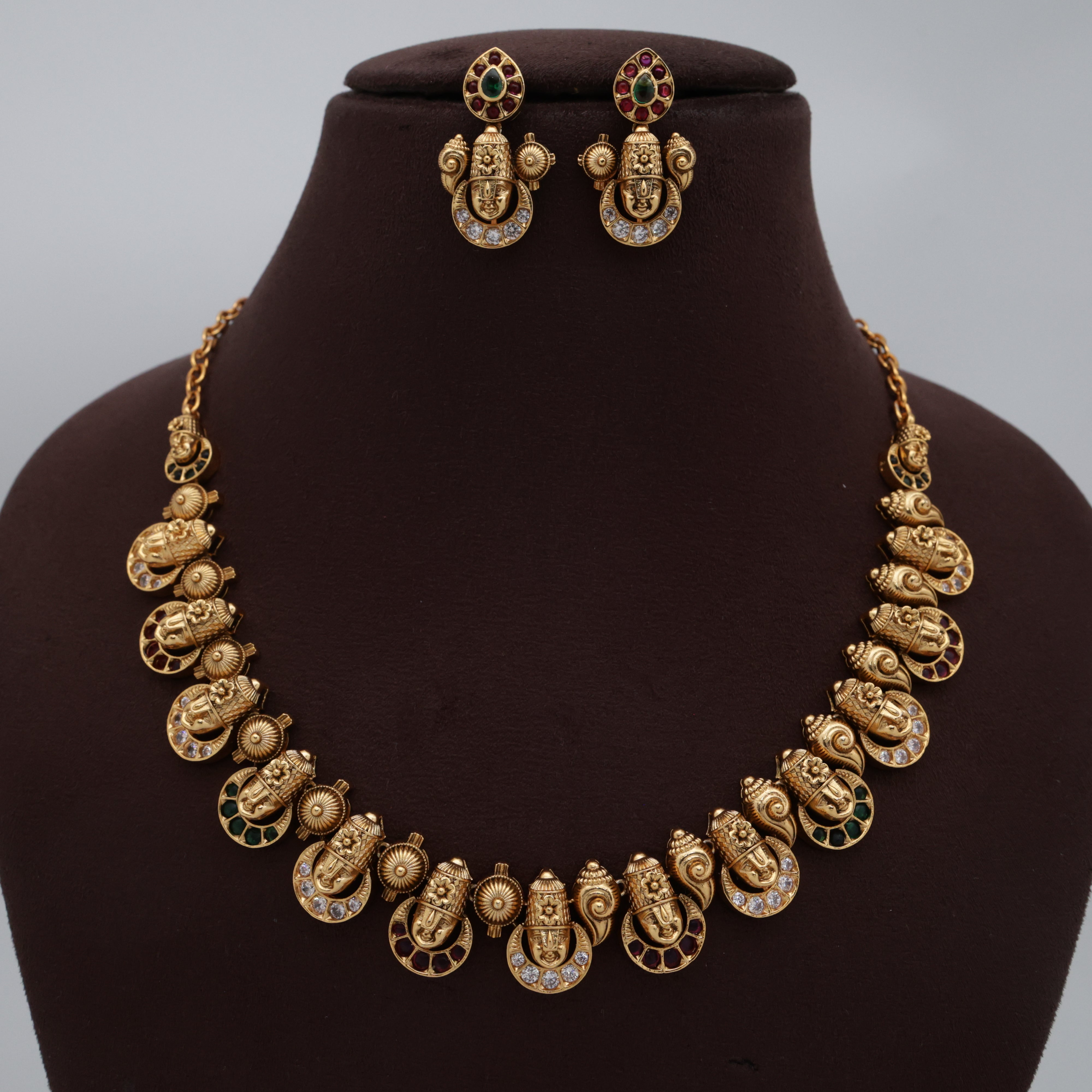 Antique Gold Look Nagas AD Kemp Venkateshwara Necklace Set