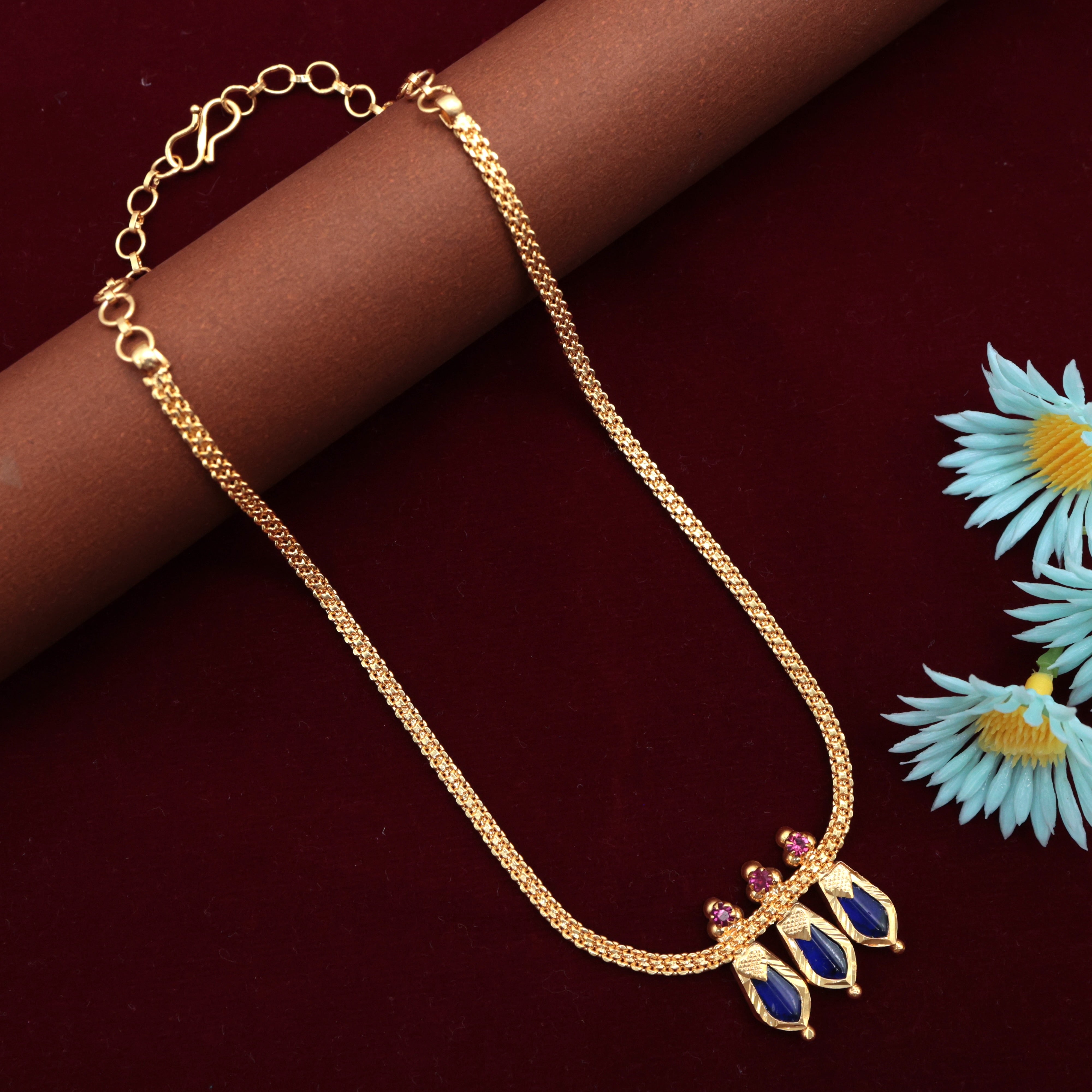 Real Gold Tone 3 Katta Nagapadam Short Necklace - Blue
