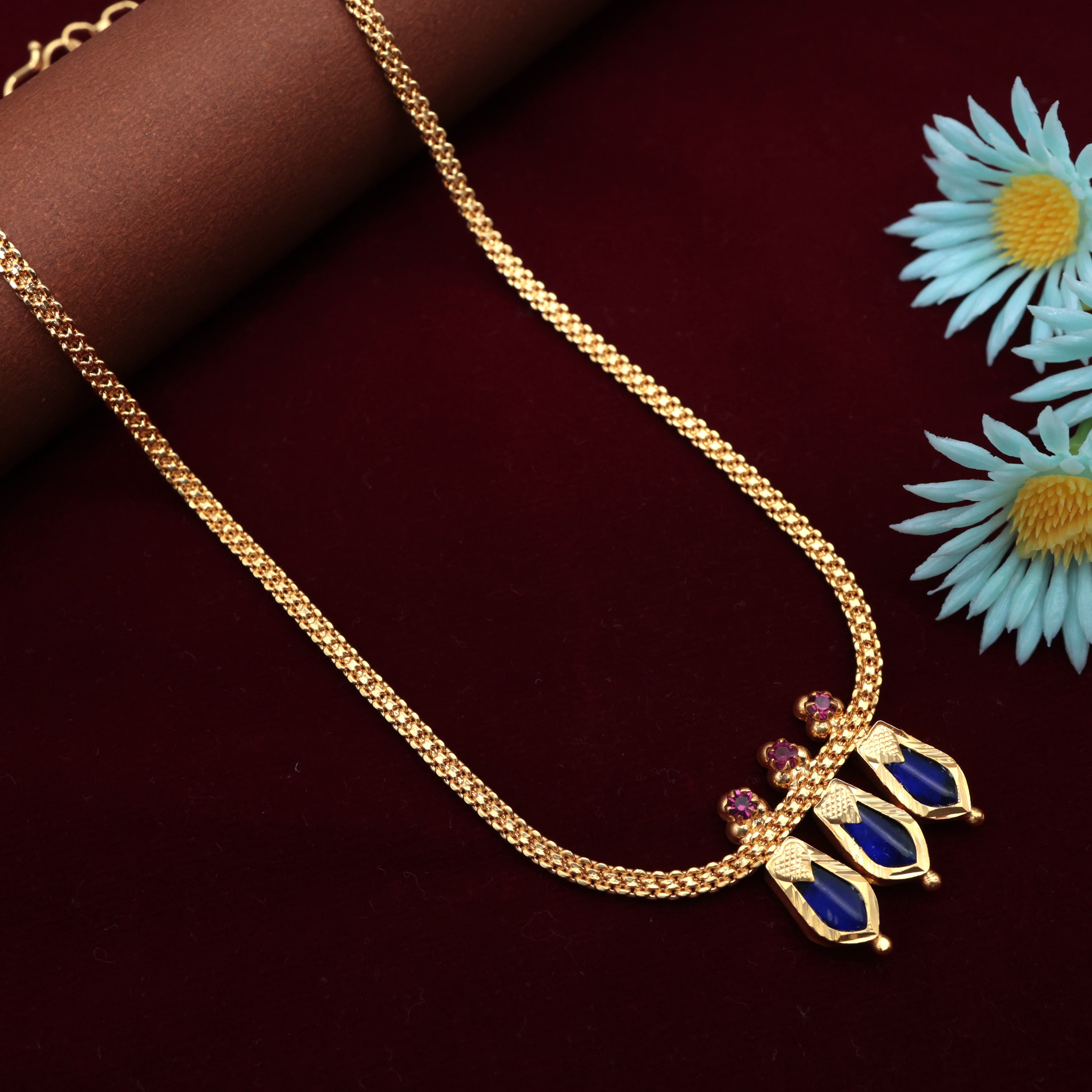 Real Gold Tone 3 Katta Nagapadam Short Necklace - Blue
