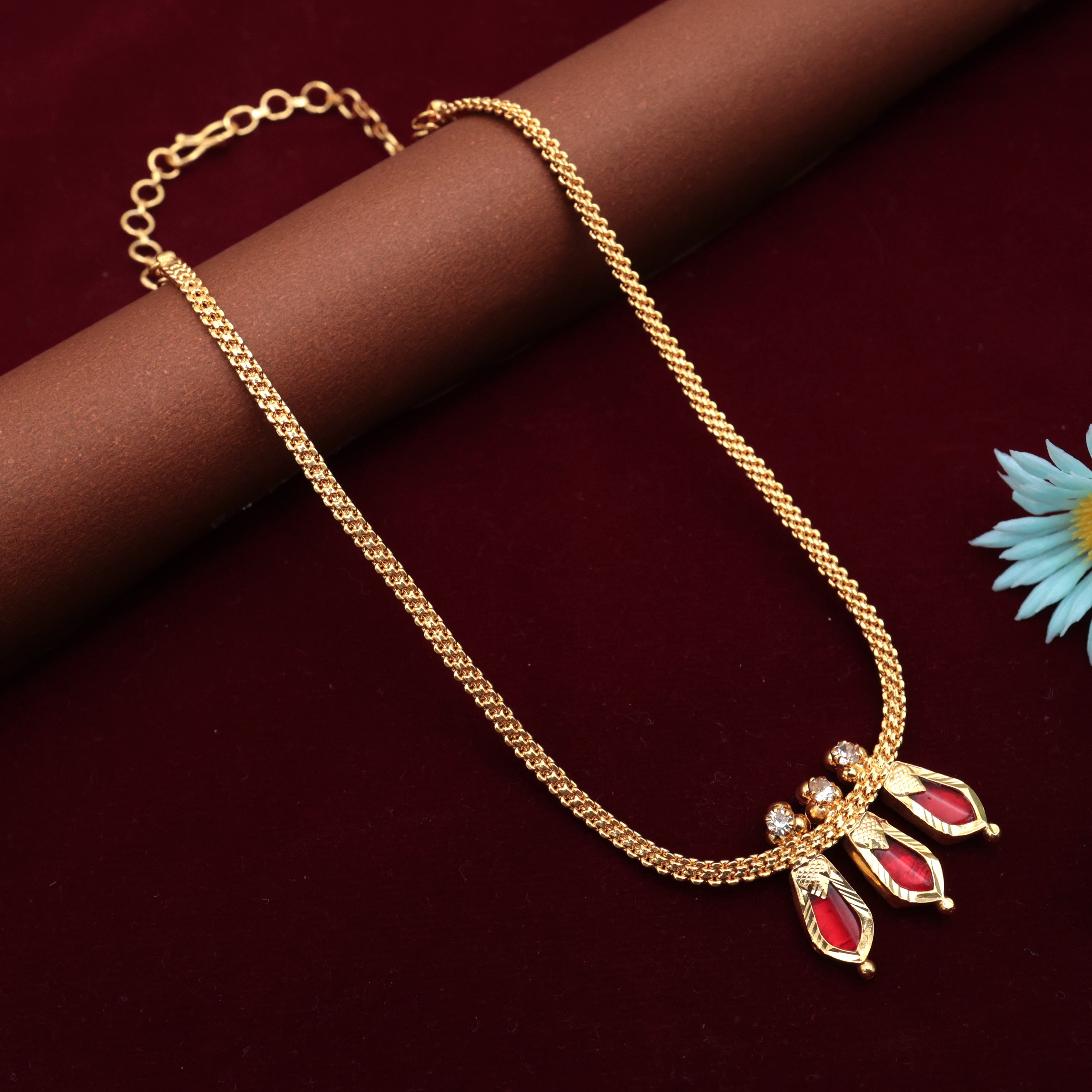 Real Gold Tone 3 Katta Nagapadam Short Necklace - Ruby