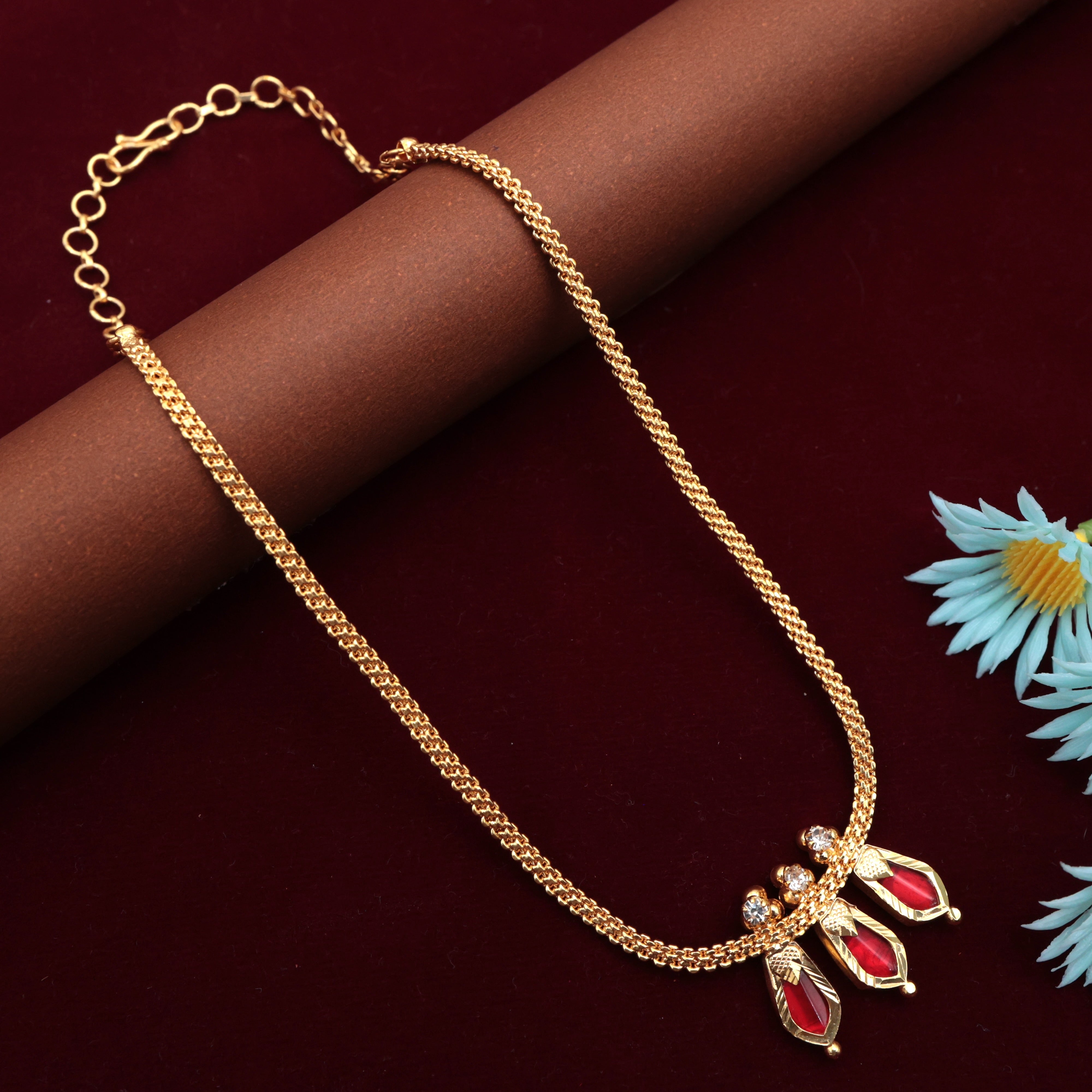 Real Gold Tone 3 Katta Nagapadam Short Necklace - Ruby