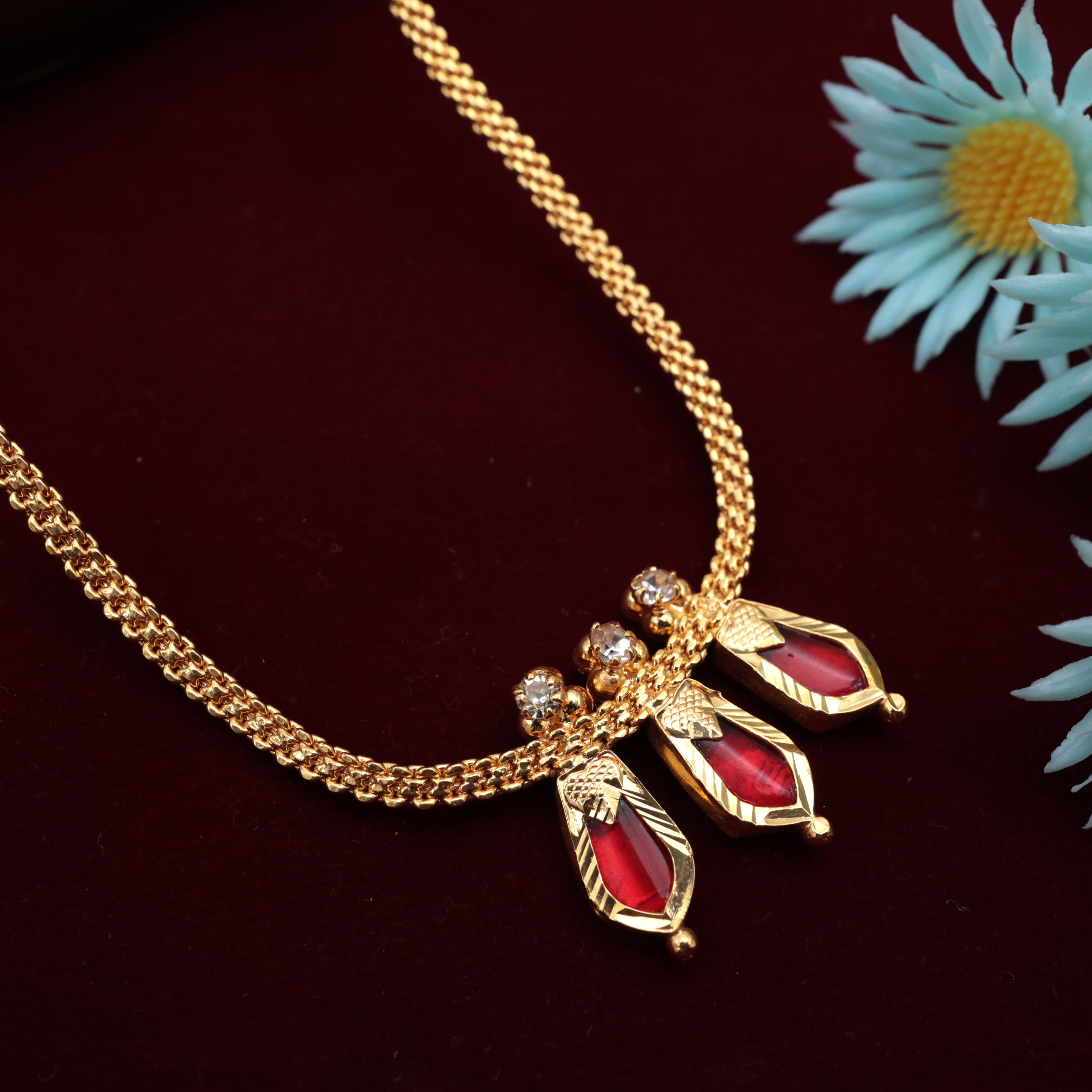 Real Gold Tone 3 Katta Nagapadam Short Necklace - Ruby