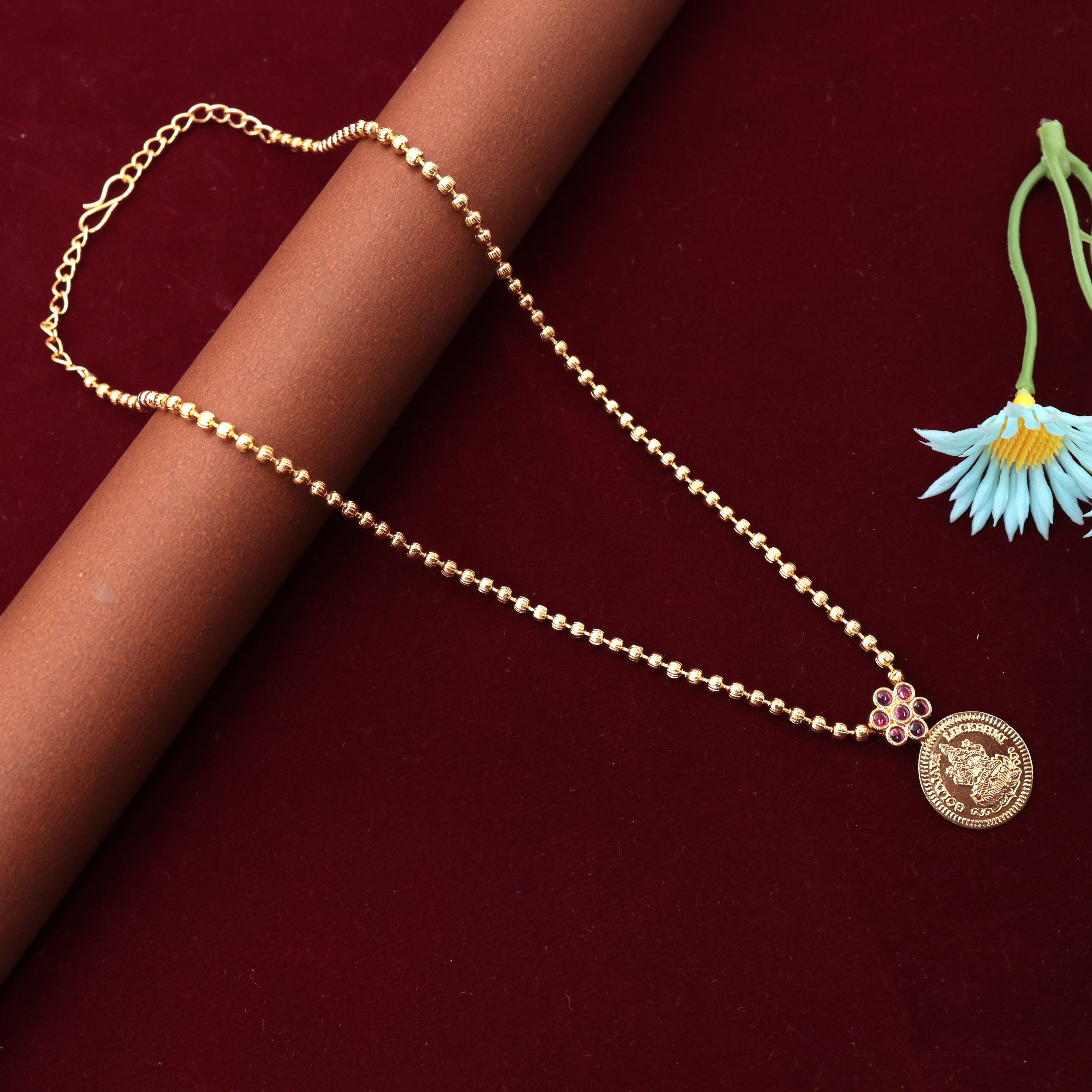 Real Gold Look Single Lakshmi Coin Mani Mala Pendant Chain