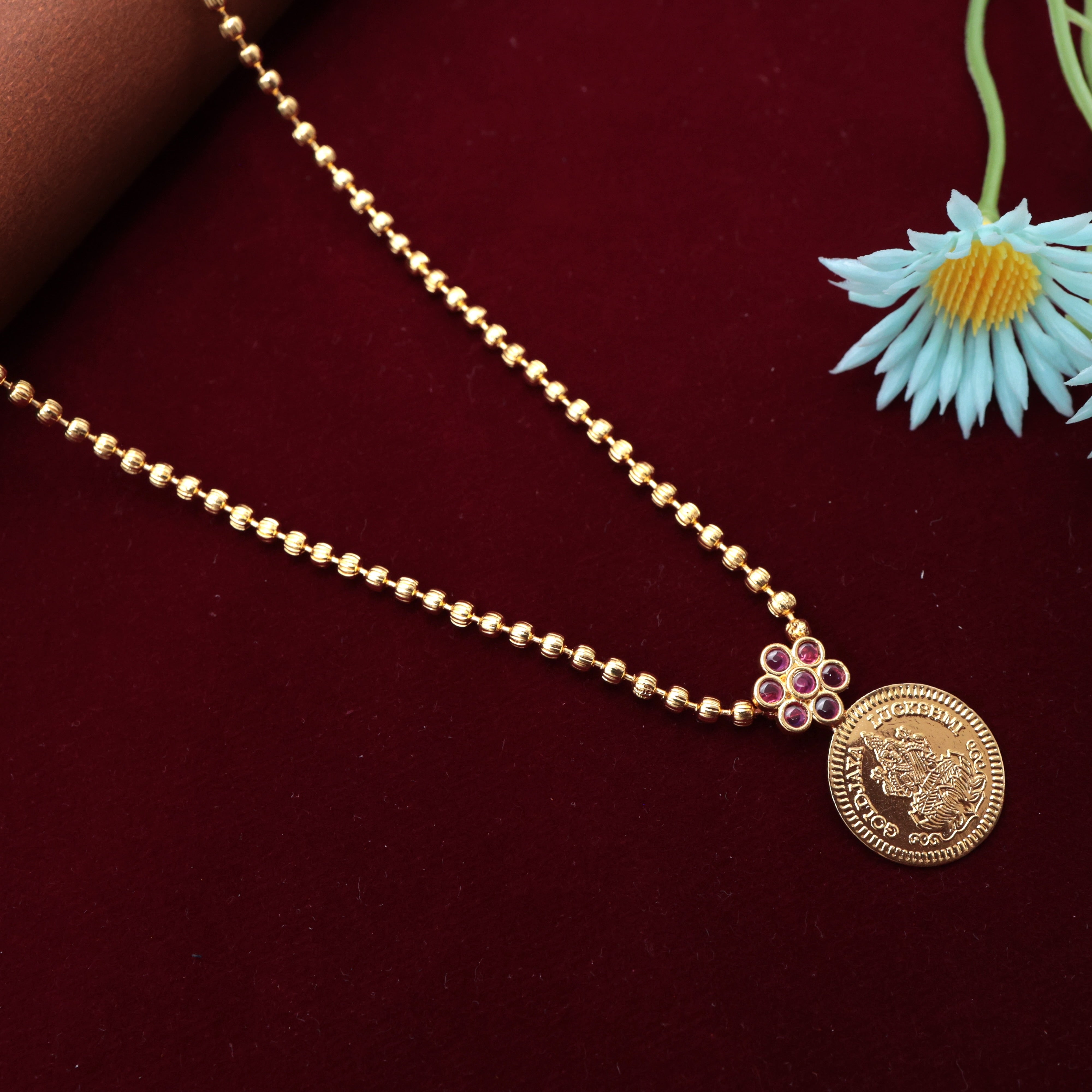 Real Gold Look Single Lakshmi Coin Mani Mala Pendant Chain