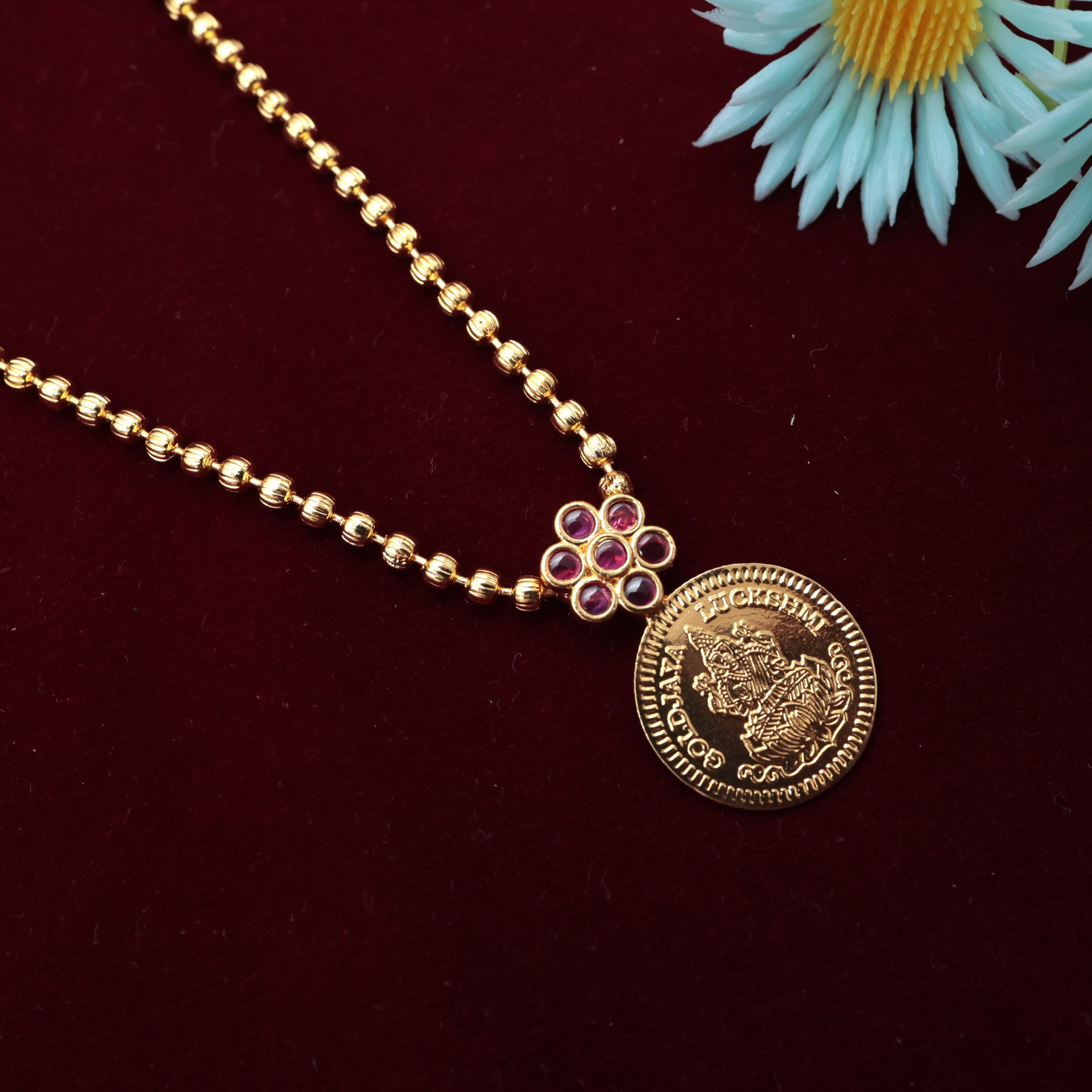 Real Gold Look Single Lakshmi Coin Mani Mala Pendant Chain