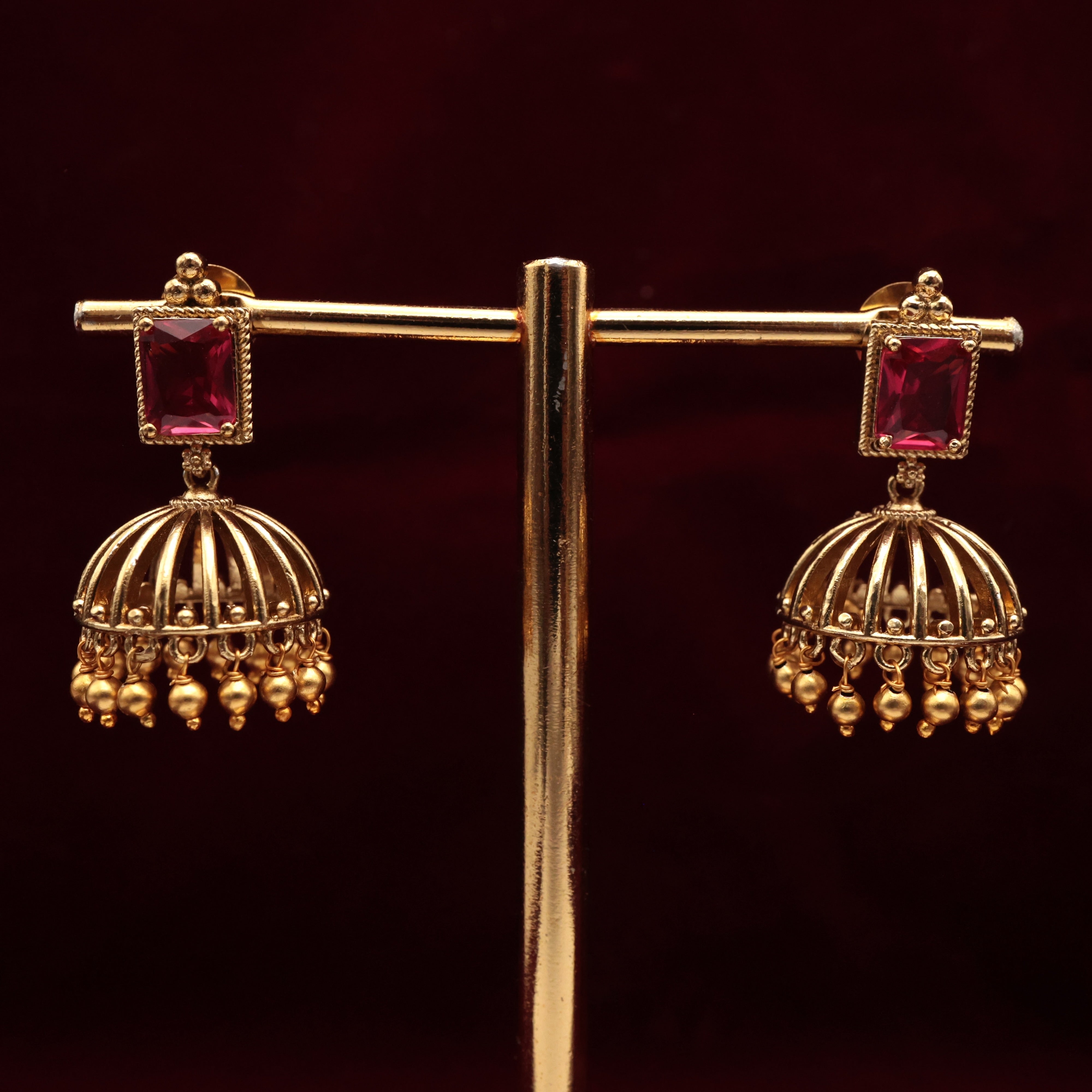 Antique Gold Premium AD Square Stone Jhumkas - Ruby