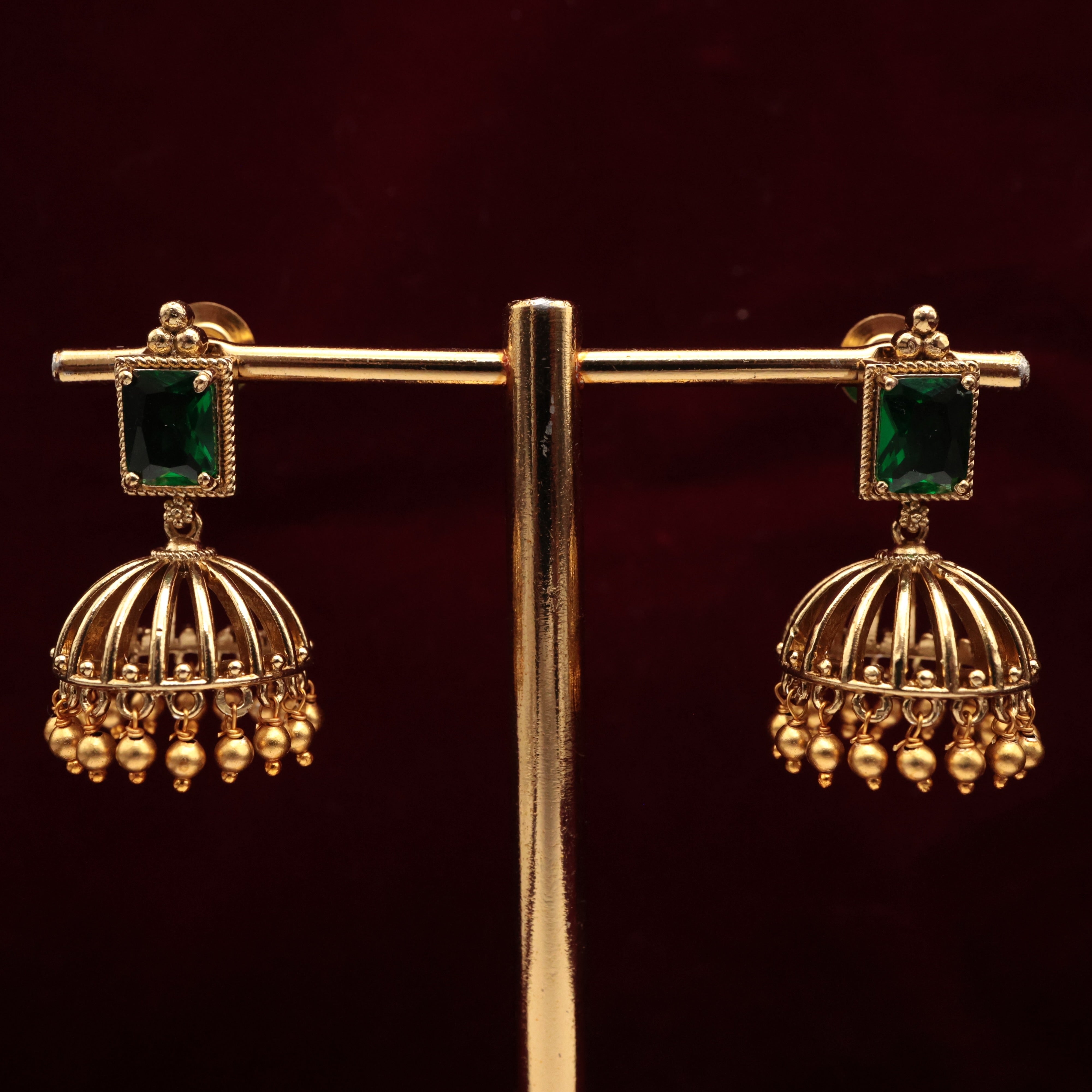 ANTIQUE GOLD PREMIUM AD SQUARE STONE JHUMKAS - EMERALD