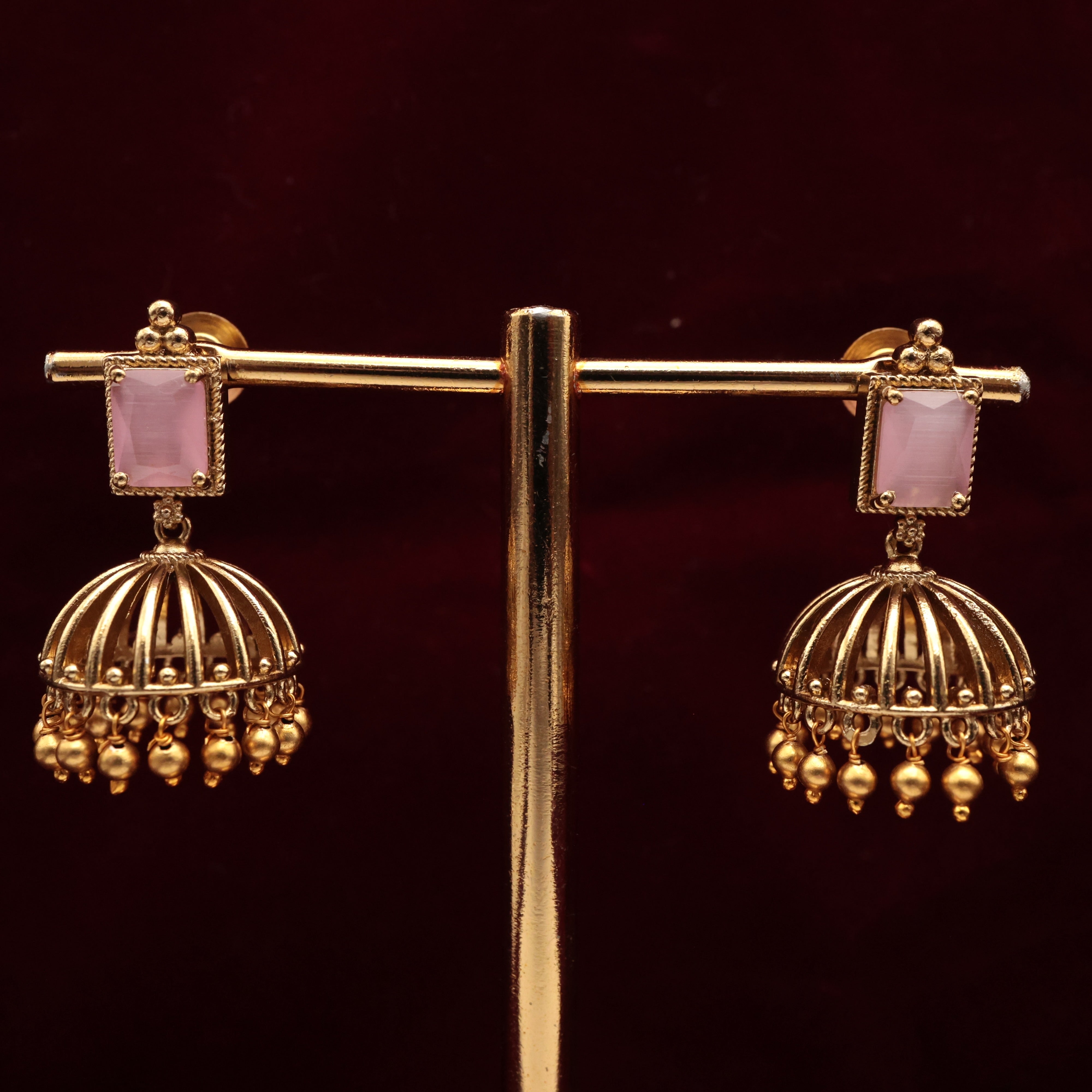 ANTIQUE GOLD PREMIUM AD SQUARE STONE JHUMKAS - SOFT ROSE