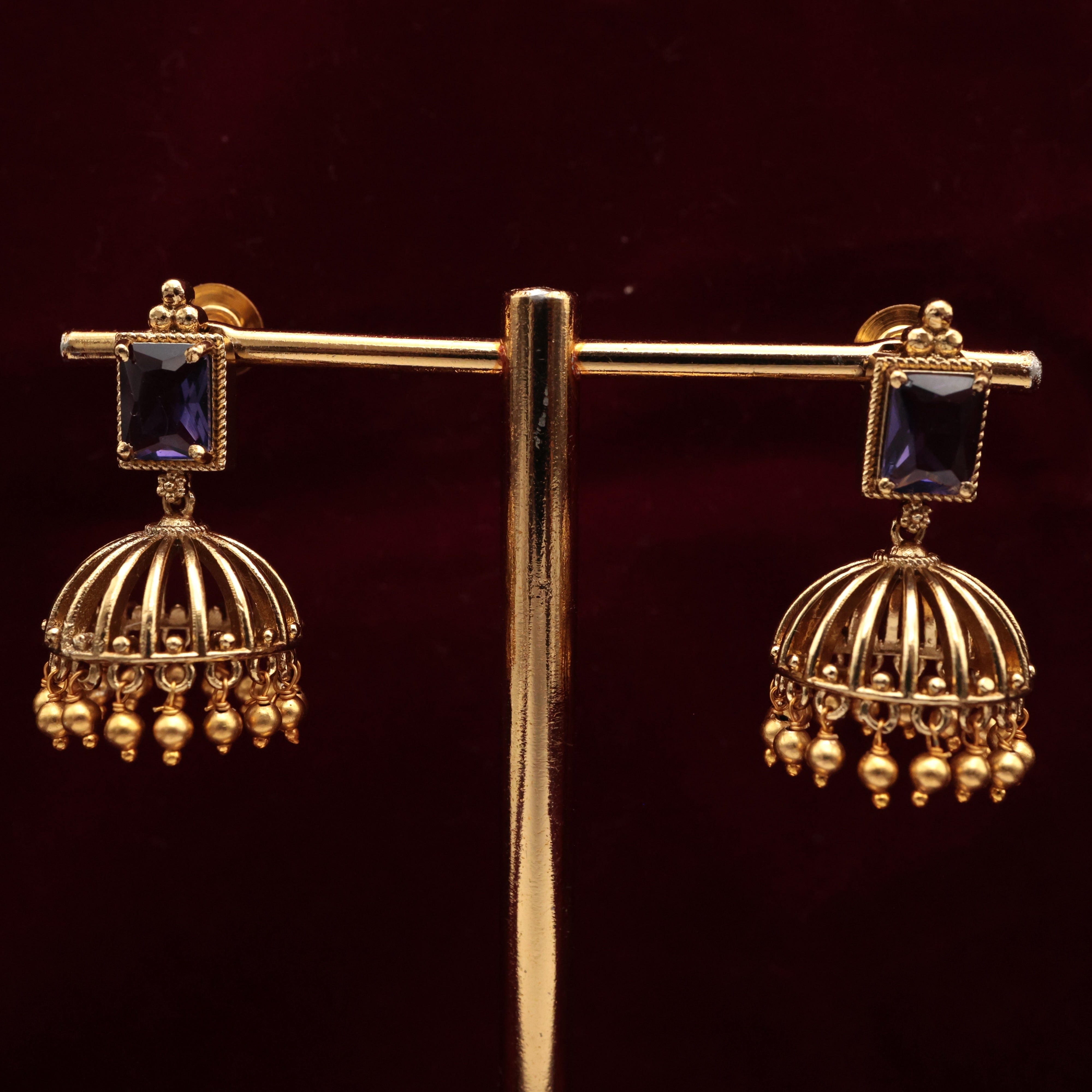 ANTIQUE GOLD PREMIUM AD SQUARE STONE JHUMKAS - PURPLE