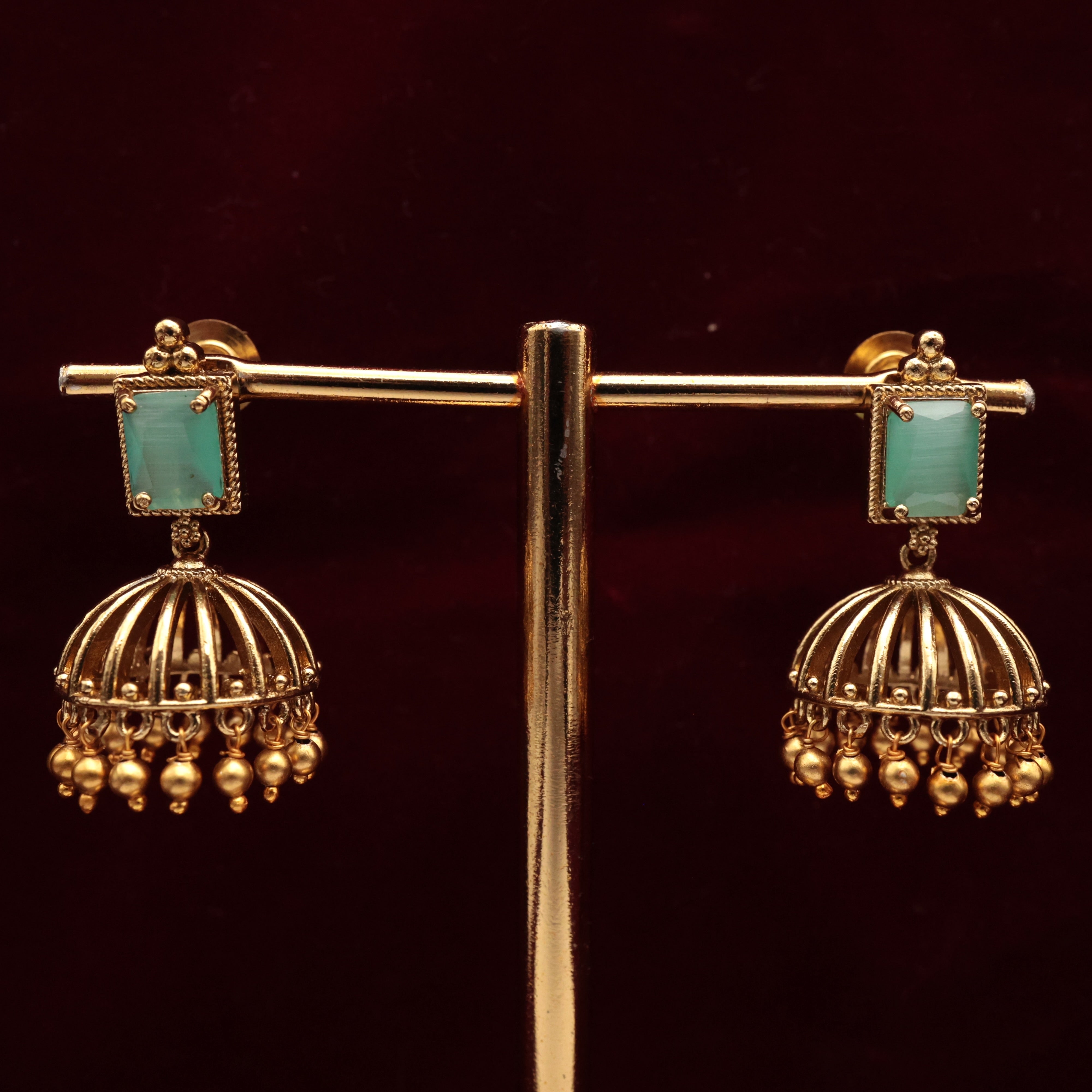ANTIQUE GOLD PREMIUM AD SQUARE STONE JHUMKAS - MINT GREEN