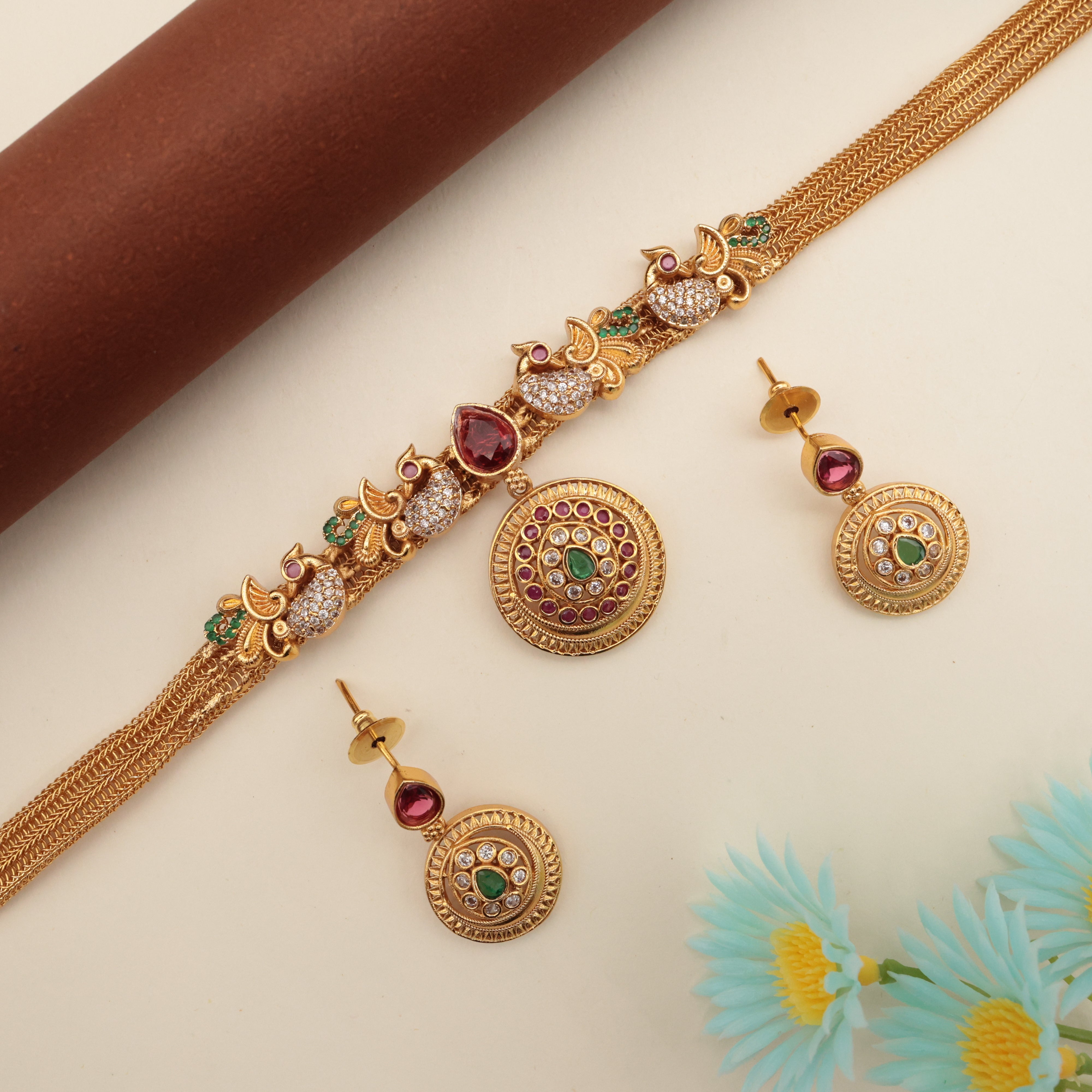 Antique Gold AD Tilak Chakra Peacock Choker Necklace Set