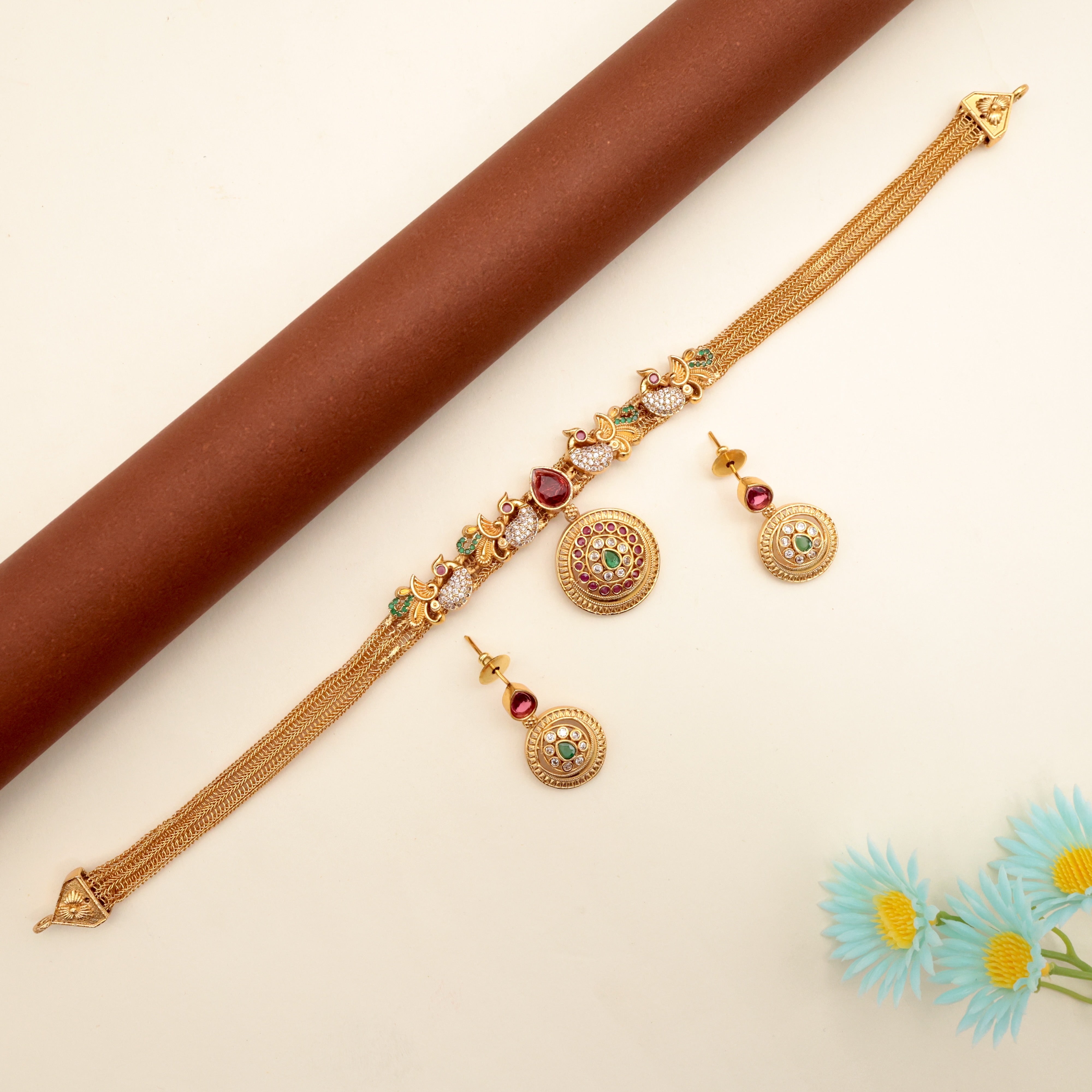 Antique Gold AD Tilak Chakra Peacock Choker Necklace Set