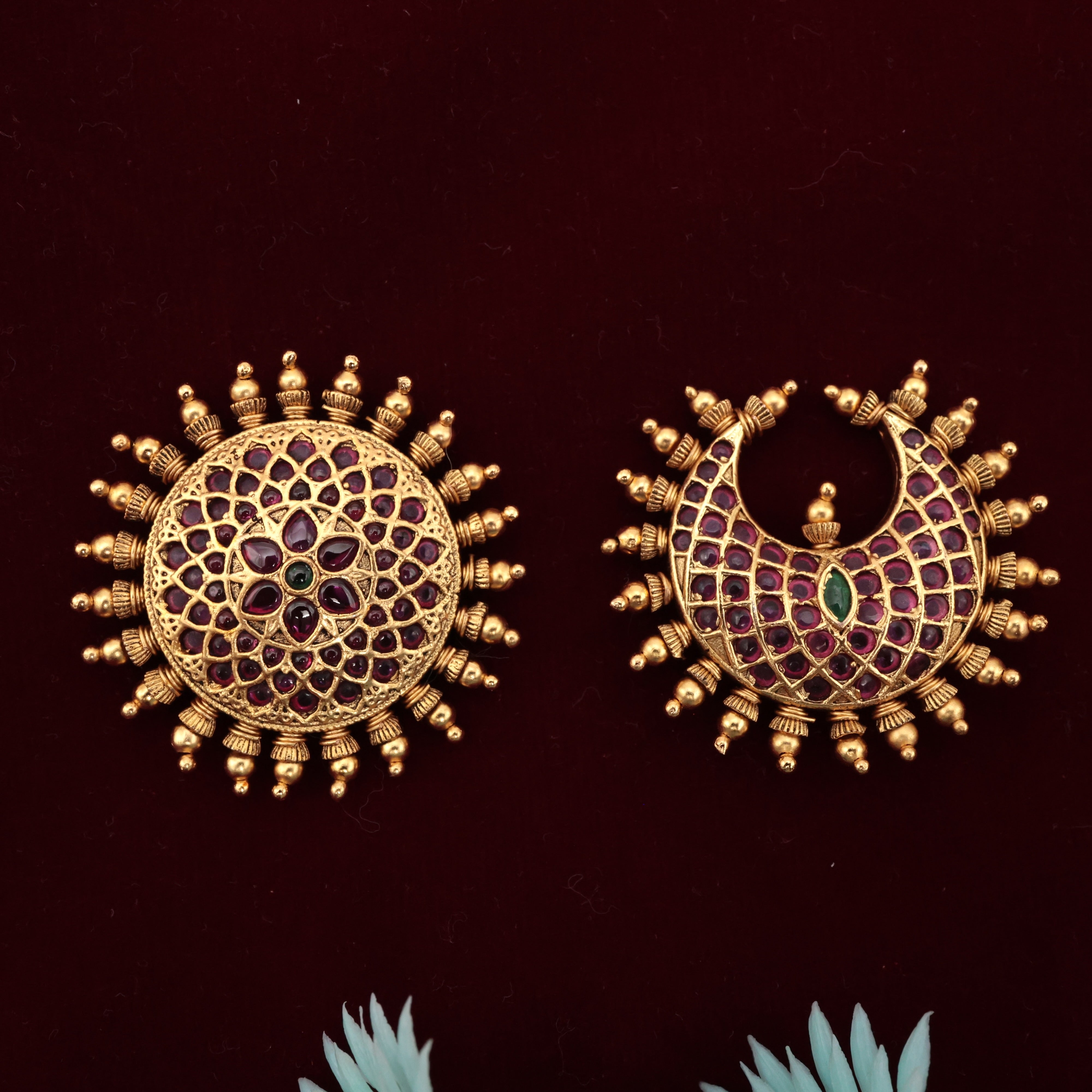 Antique Gold Premium Kemp Chakri Flower Bridal Sun Moon Billas - Bridal Suryan Chandra Jadai Billais