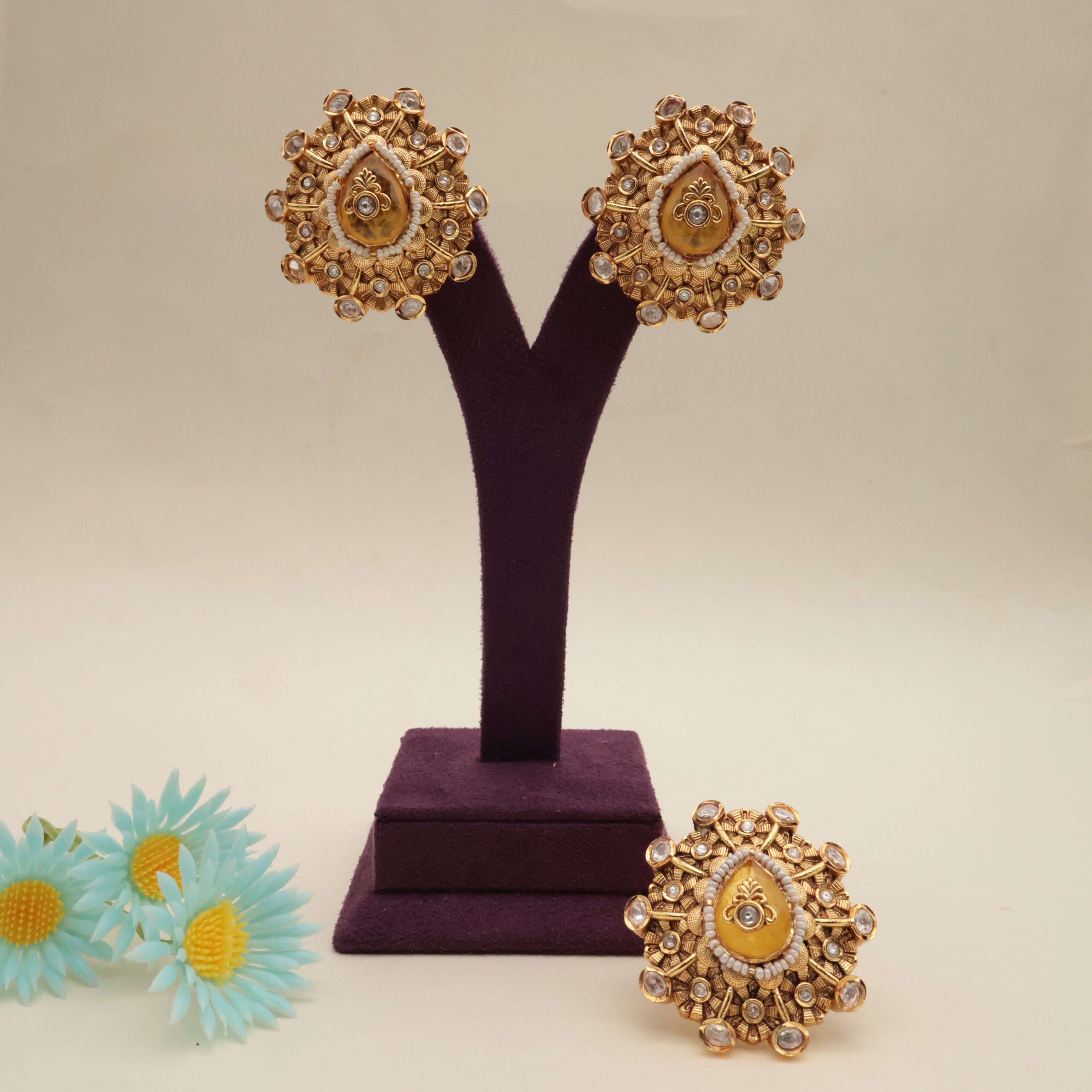 PREMIUM MOISSANITE JADAU KUNDAN DESIGNER EARRINGS WITH MATCHING ADJUSTABLE FINGER RING - YELLOW